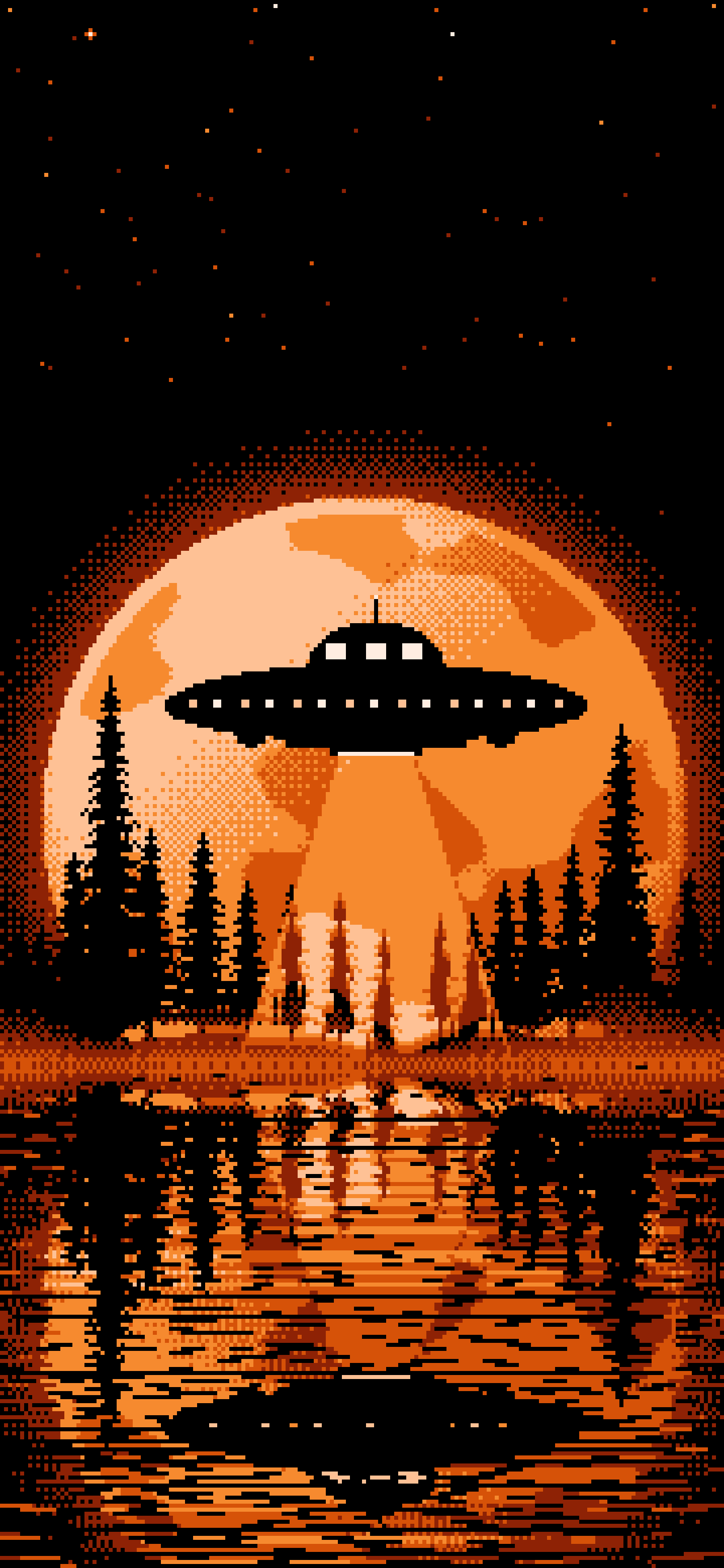 Orange Pixel Art UFO and Full Moon wallpaper for iPhone and Android