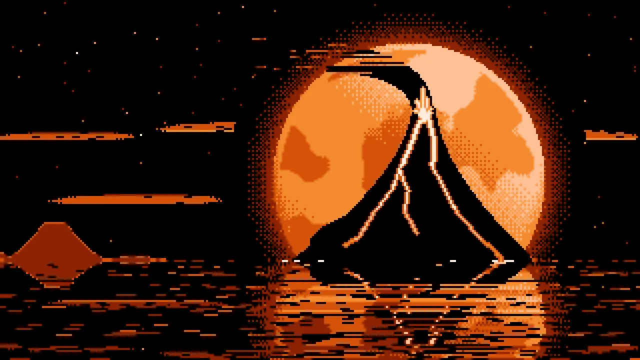 Orange Pixel Art Volcano and Full Moon desktop wallpaper in 4K