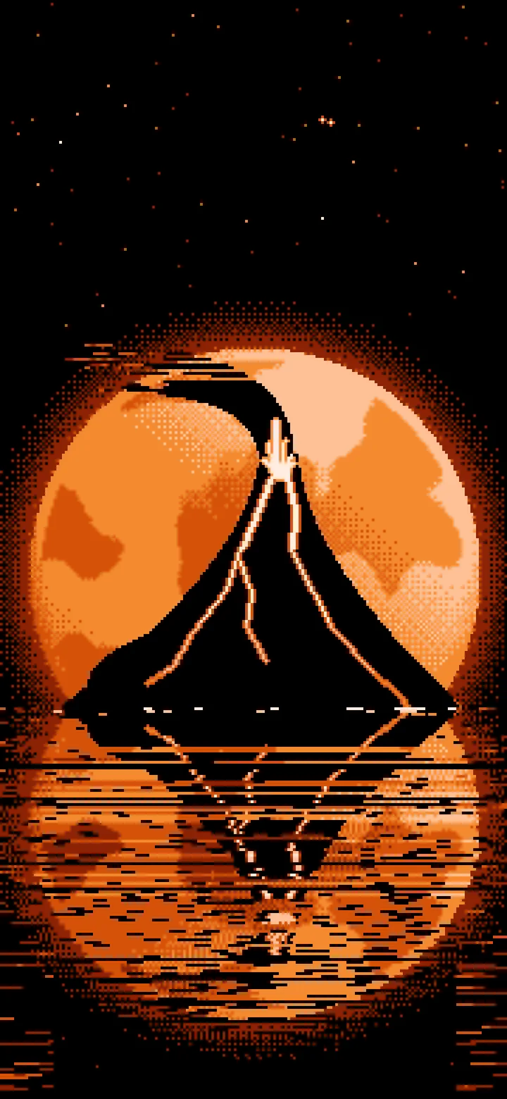 Orange Pixel Art Volcano and Full Moon wallpaper for iPhone and Android