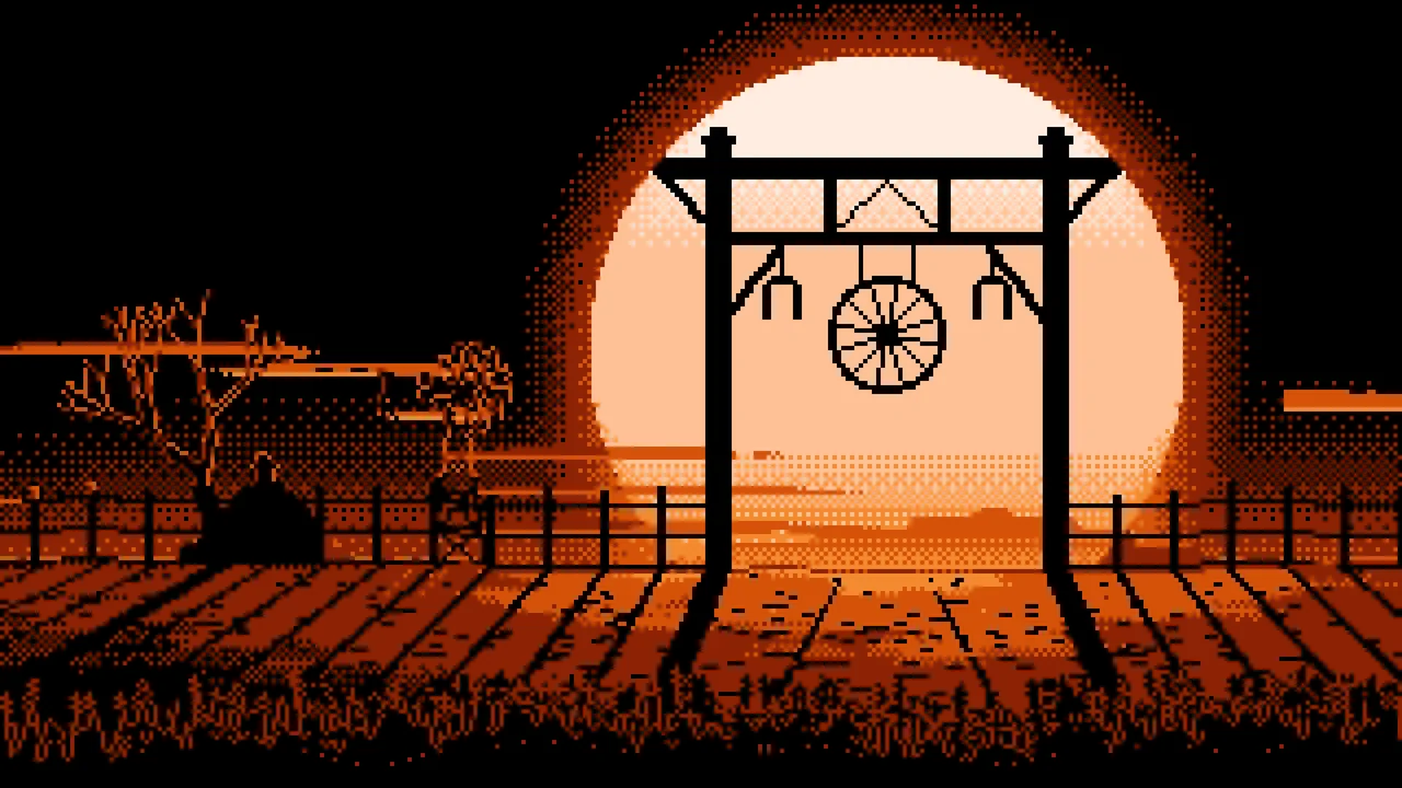 Orange Pixel Art Western Ranch Gate desktop wallpaper in 4K