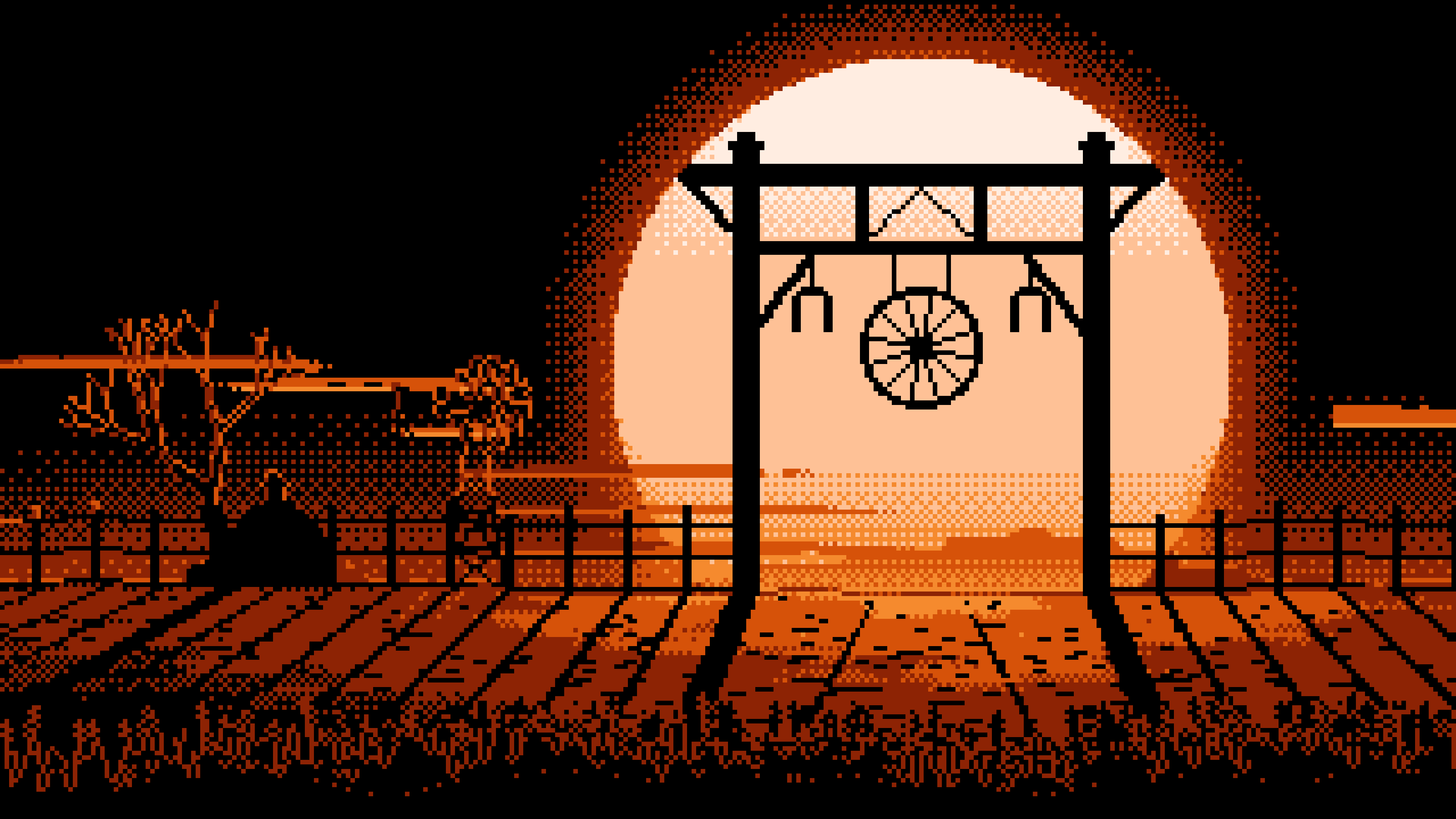 Orange Pixel Art Western Ranch Gate desktop wallpaper in 4K