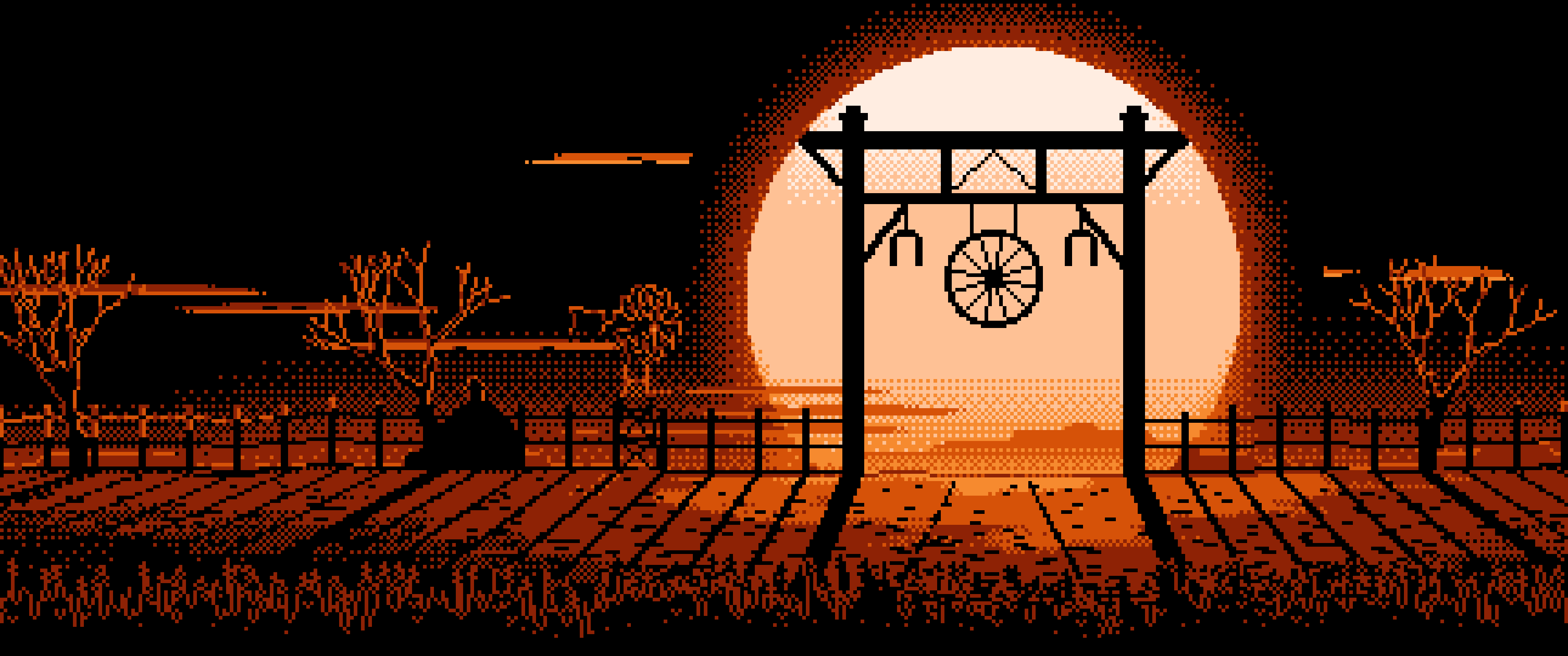 Orange Pixel Art Western Ranch Gate ultrawide wallpaper, 3440 × 1440