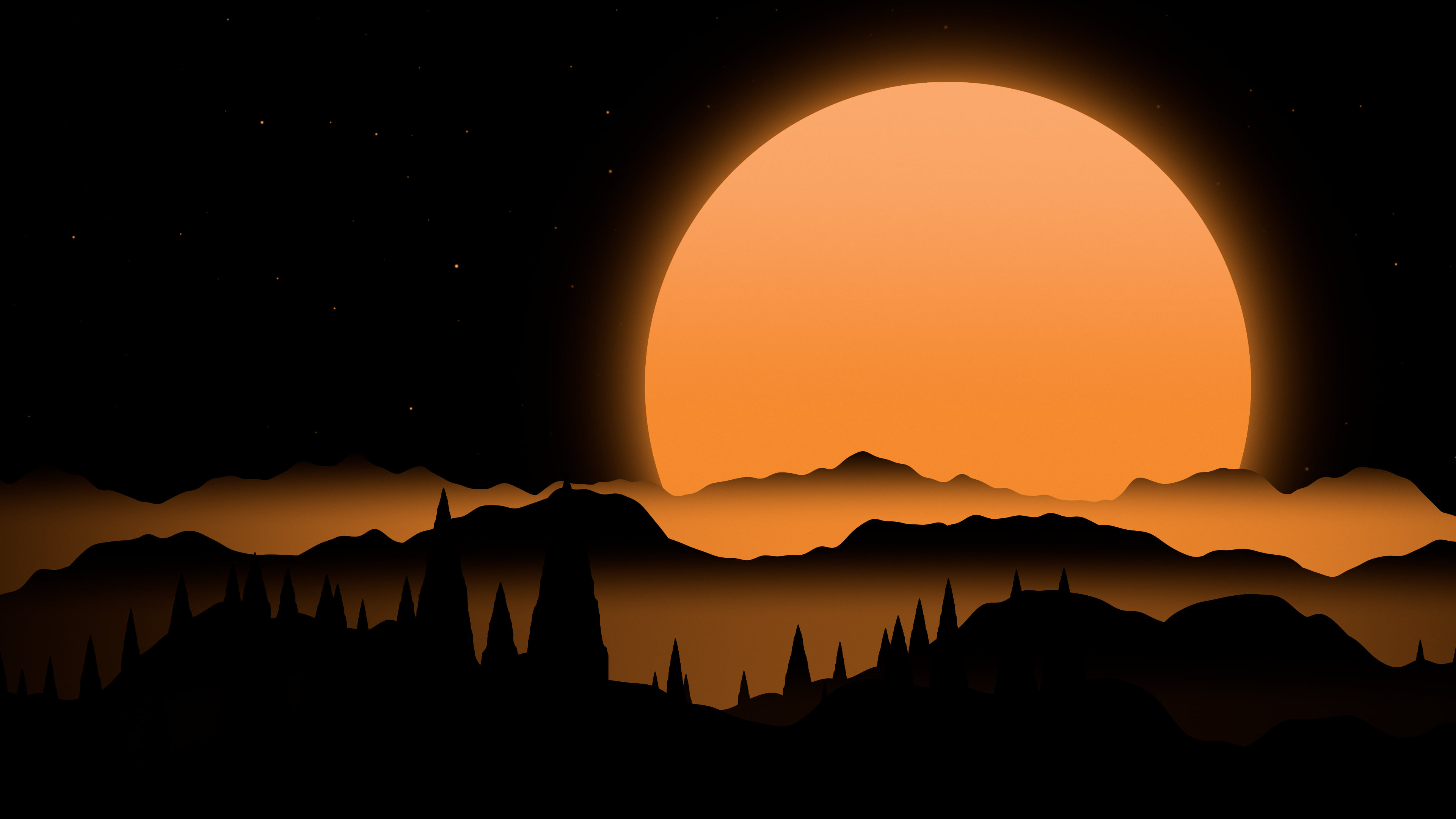 Orange Sun Over Black Mountains desktop wallpaper in 4K
