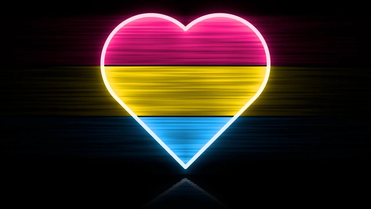 Pansexual Neon Heart Pride Flag desktop wallpaper in 4K