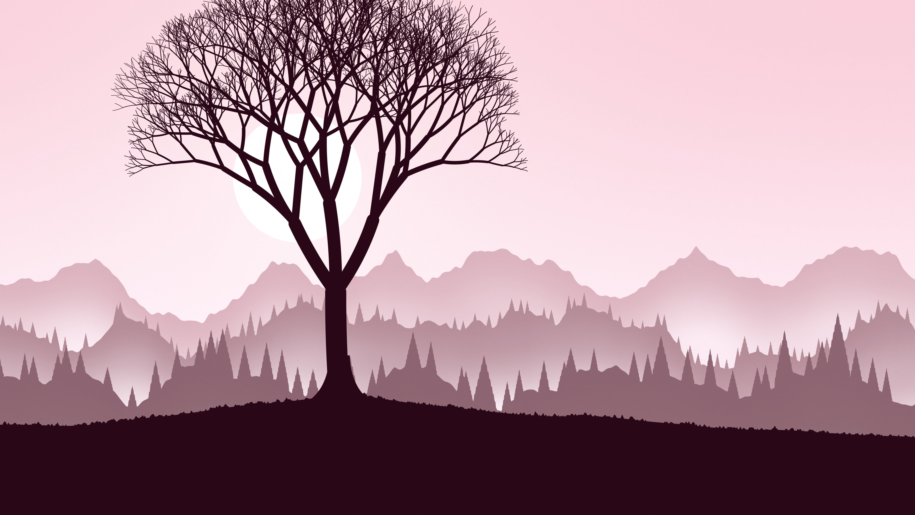 Pastel Pink Lone Tree in Fog desktop wallpaper in 4K