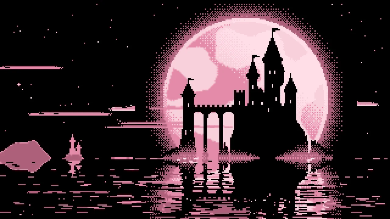 Pastel Pink Pixel Art Castle and Full Moon desktop wallpaper in 4K