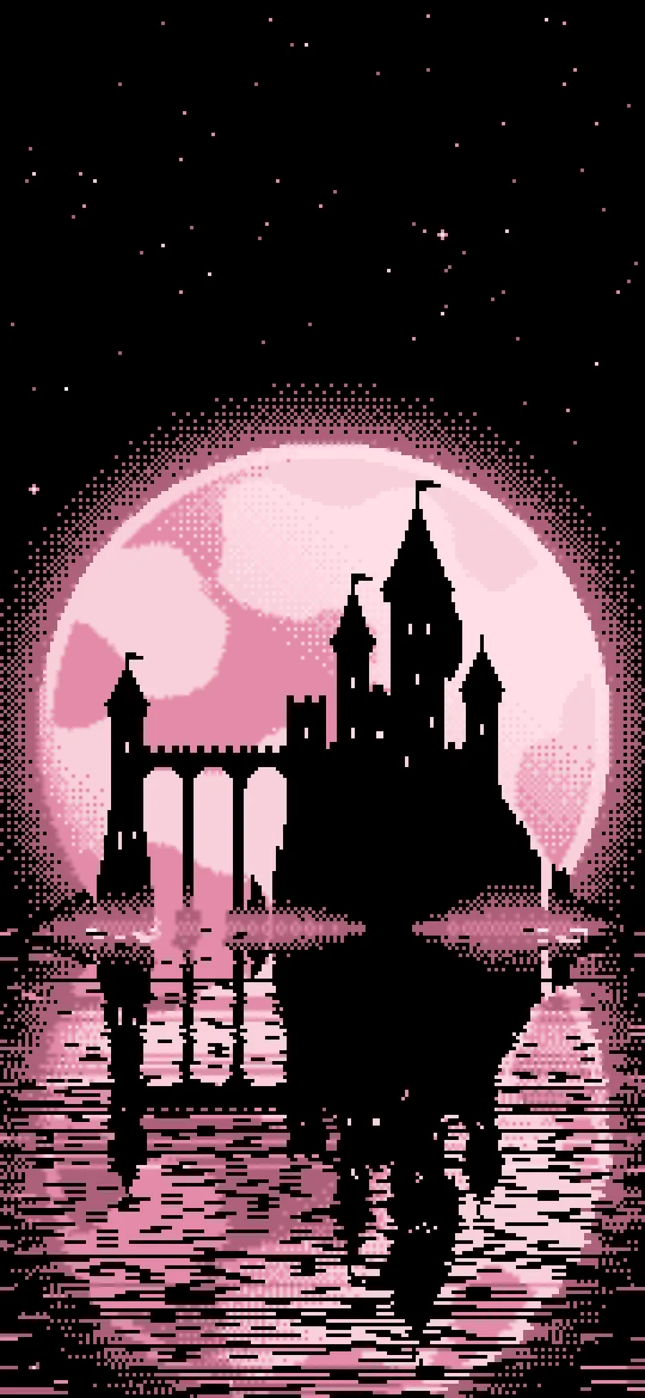 Pastel Pink Pixel Art Castle and Full Moon wallpaper for iPhone and Android