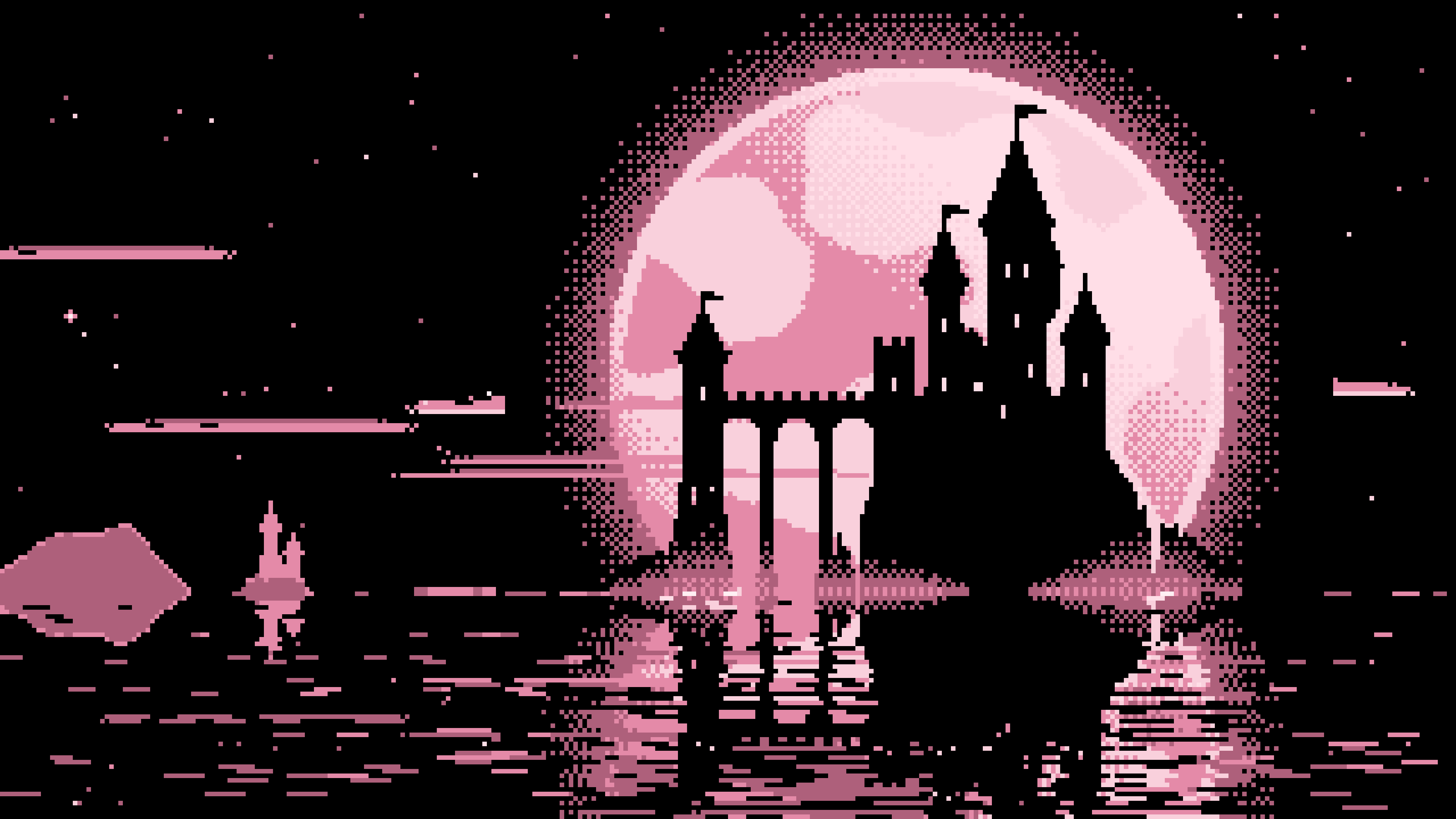 Pastel Pink Pixel Art Castle and Full Moon desktop wallpaper in 4K