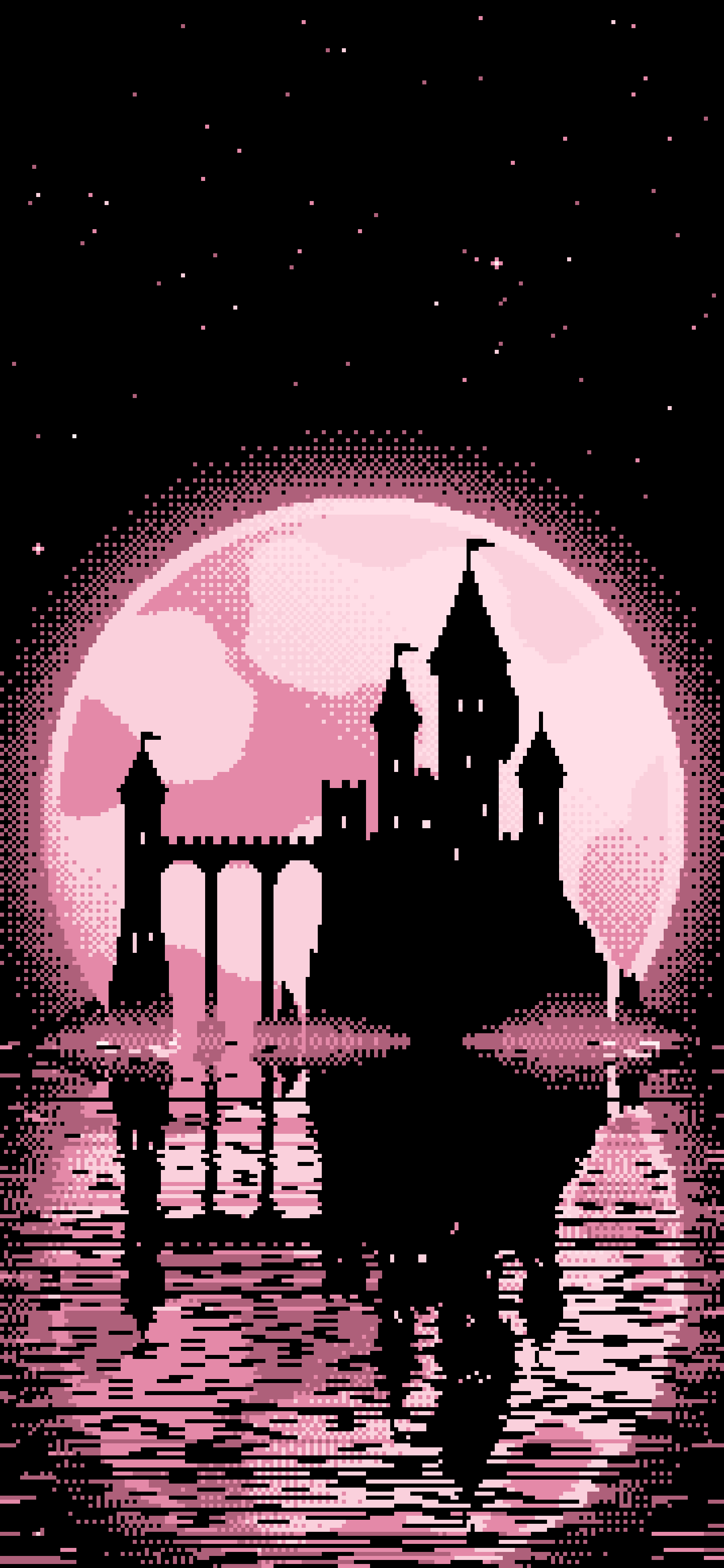 Pastel Pink Pixel Art Castle and Full Moon wallpaper for iPhone and Android
