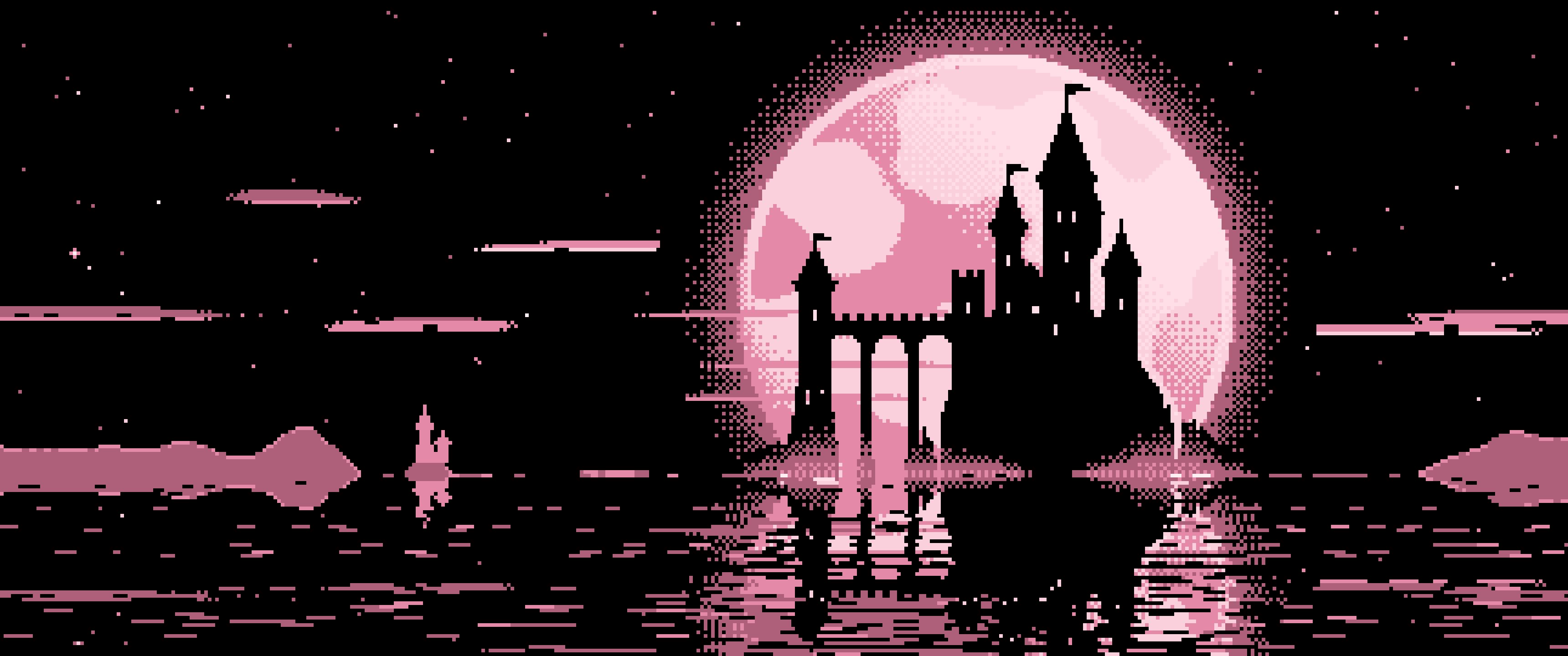 Pastel Pink Pixel Art Castle and Full Moon ultrawide wallpaper, 3440 × 1440