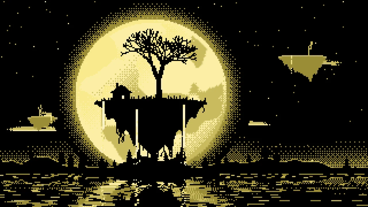 Pastel Yellow Pixel Art Fantasy Floating Island and Full Moon desktop wallpaper in 4K