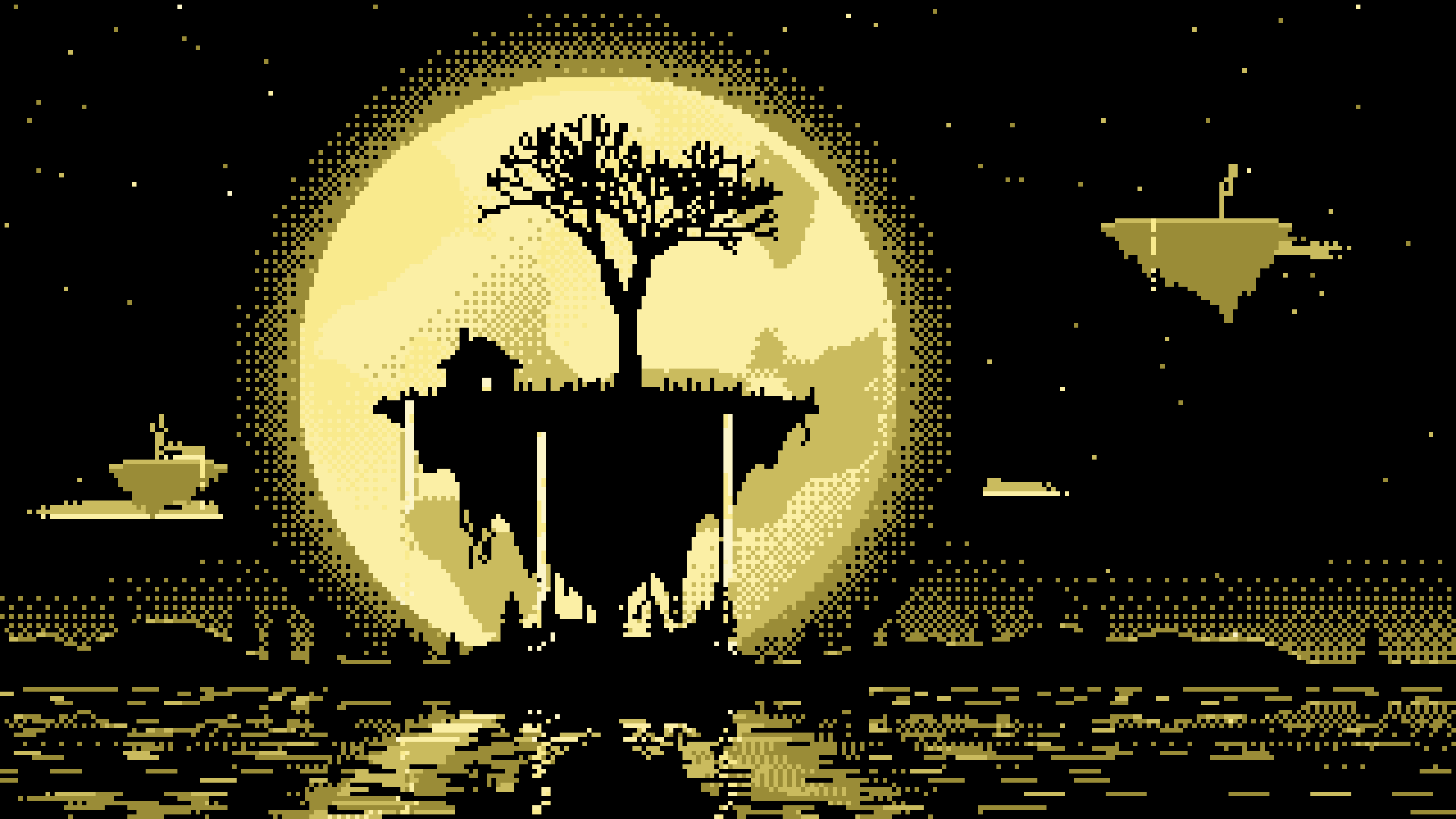 Pastel Yellow Pixel Art Fantasy Floating Island and Full Moon desktop wallpaper in 4K