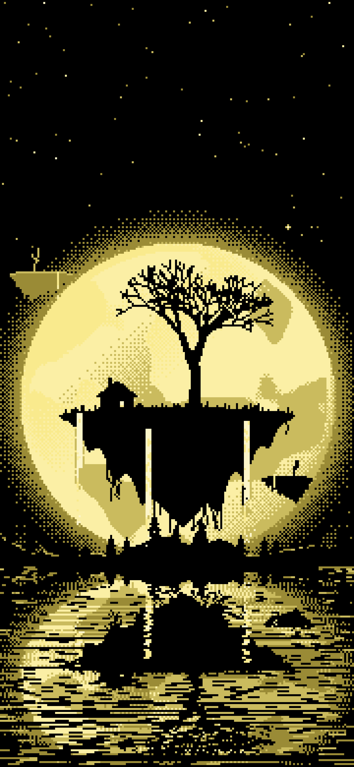 Pastel Yellow Pixel Art Fantasy Floating Island and Full Moon wallpaper for iPhone and Android