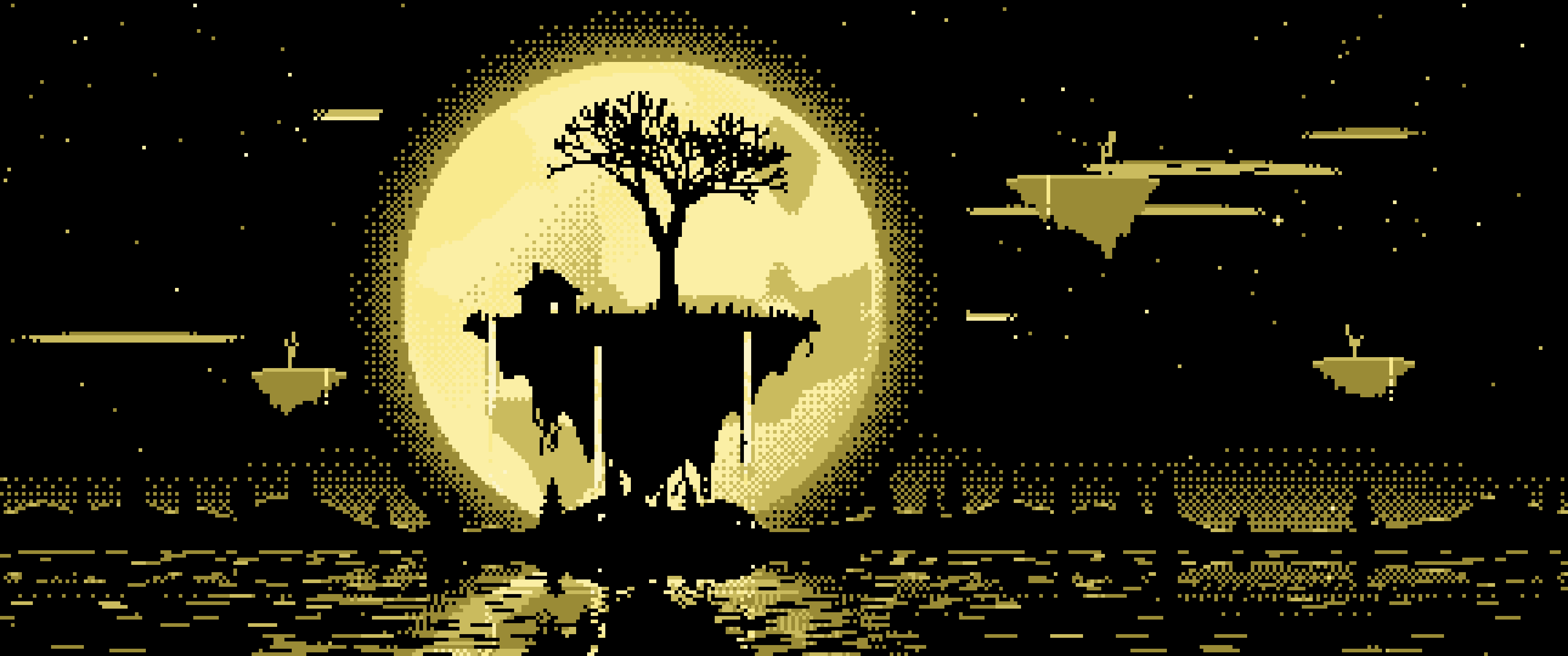 Pastel Yellow Pixel Art Fantasy Floating Island and Full Moon ultrawide wallpaper, 3440 × 1440