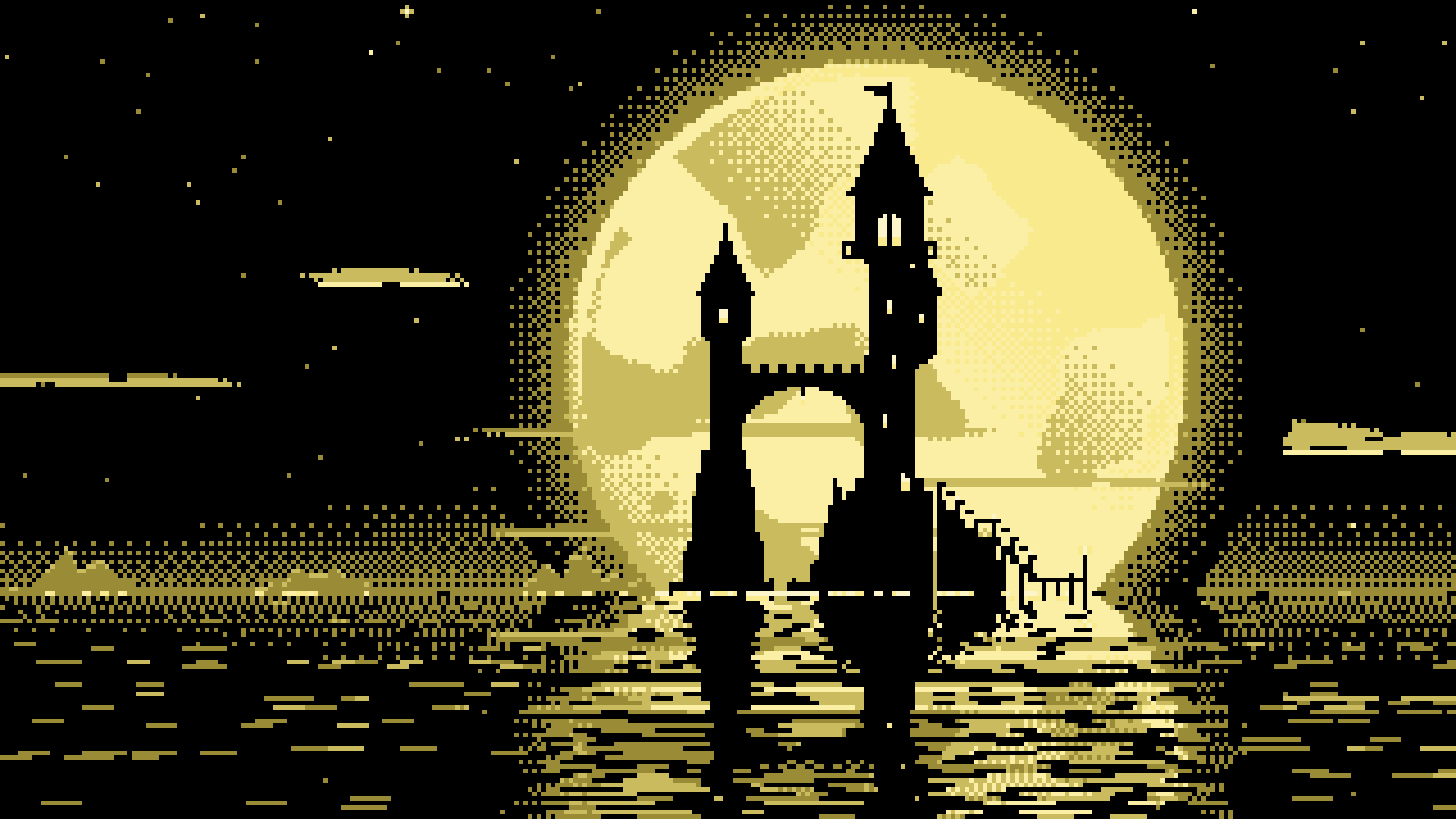 Pastel Yellow Pixel Art Fantasy Wizard Tower and Full Moon desktop wallpaper in 4K