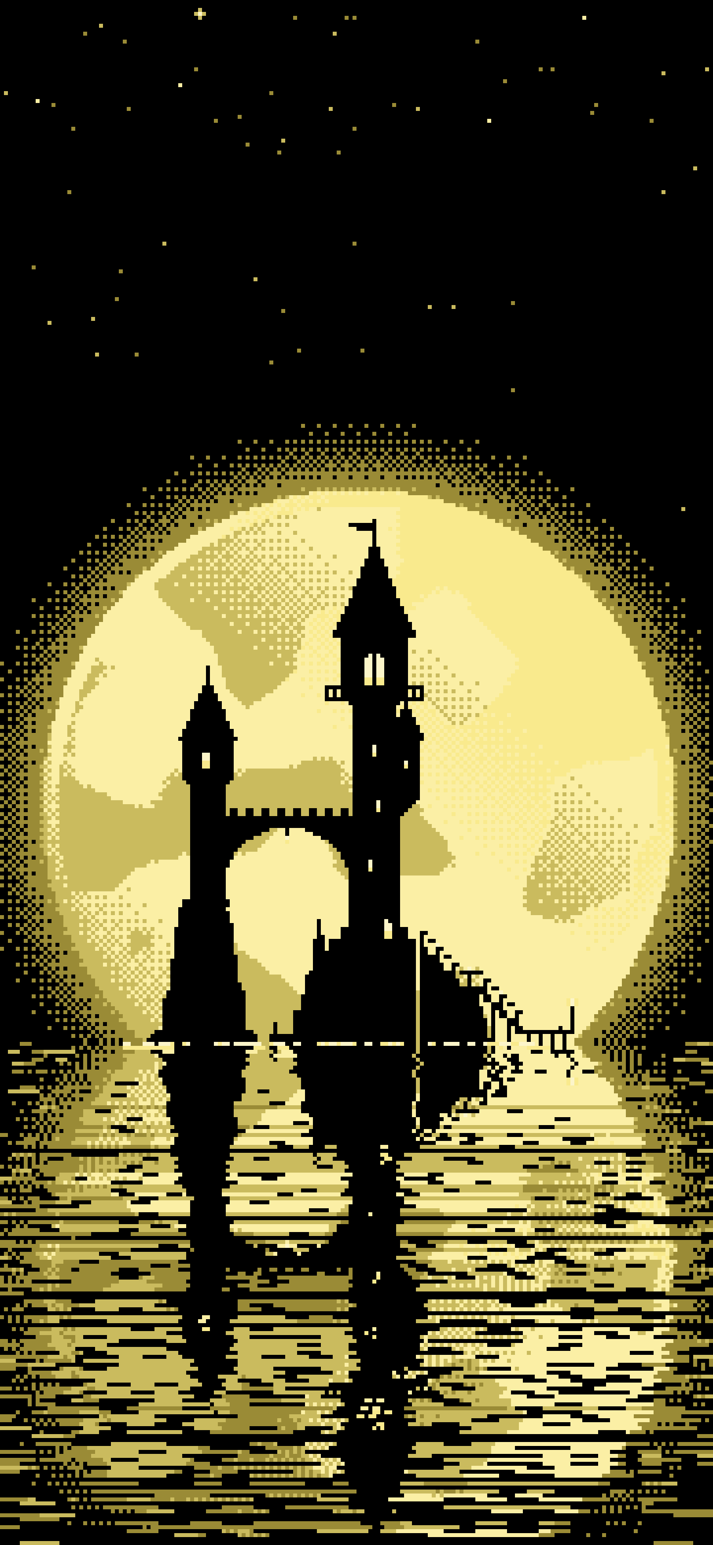 Pastel Yellow Pixel Art Fantasy Wizard Tower and Full Moon wallpaper for iPhone and Android