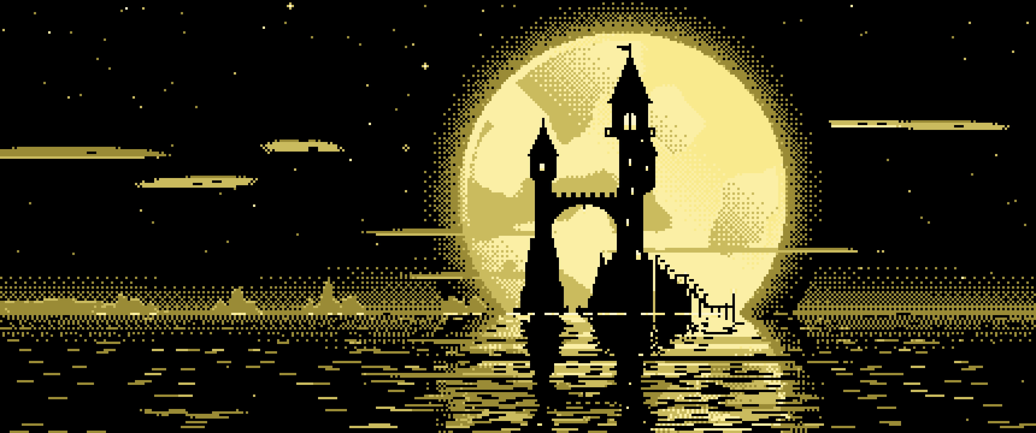 Pastel Yellow Pixel Art Fantasy Wizard Tower and Full Moon ultrawide wallpaper, 3440 × 1440