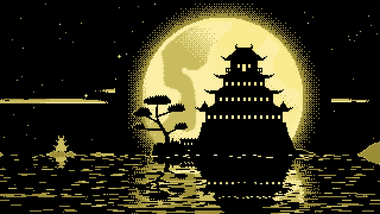 Pastel Yellow Pixel Art Japanese Castle and Full Moon desktop wallpaper in 4K
