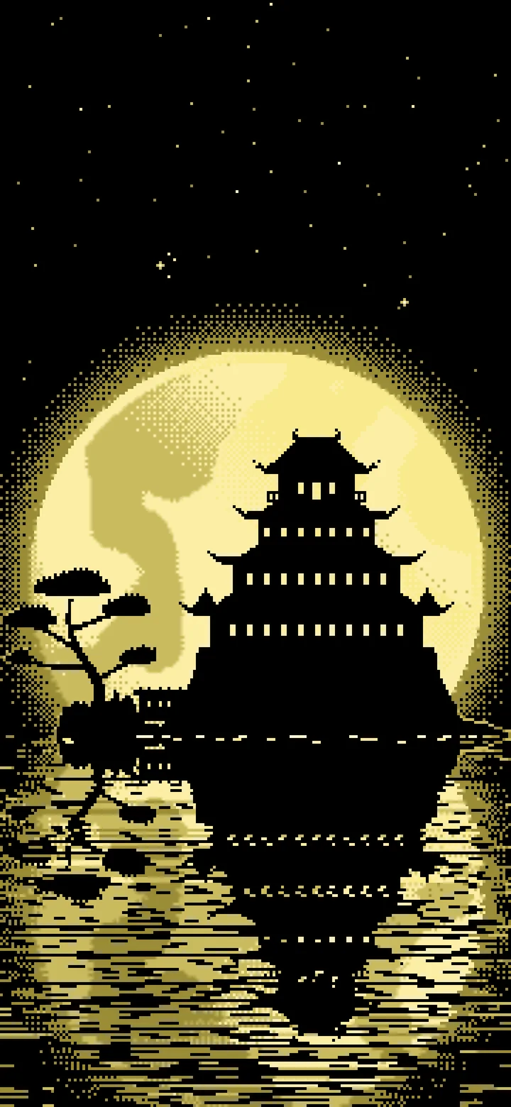 Pastel Yellow Pixel Art Japanese Castle and Full Moon wallpaper for iPhone and Android