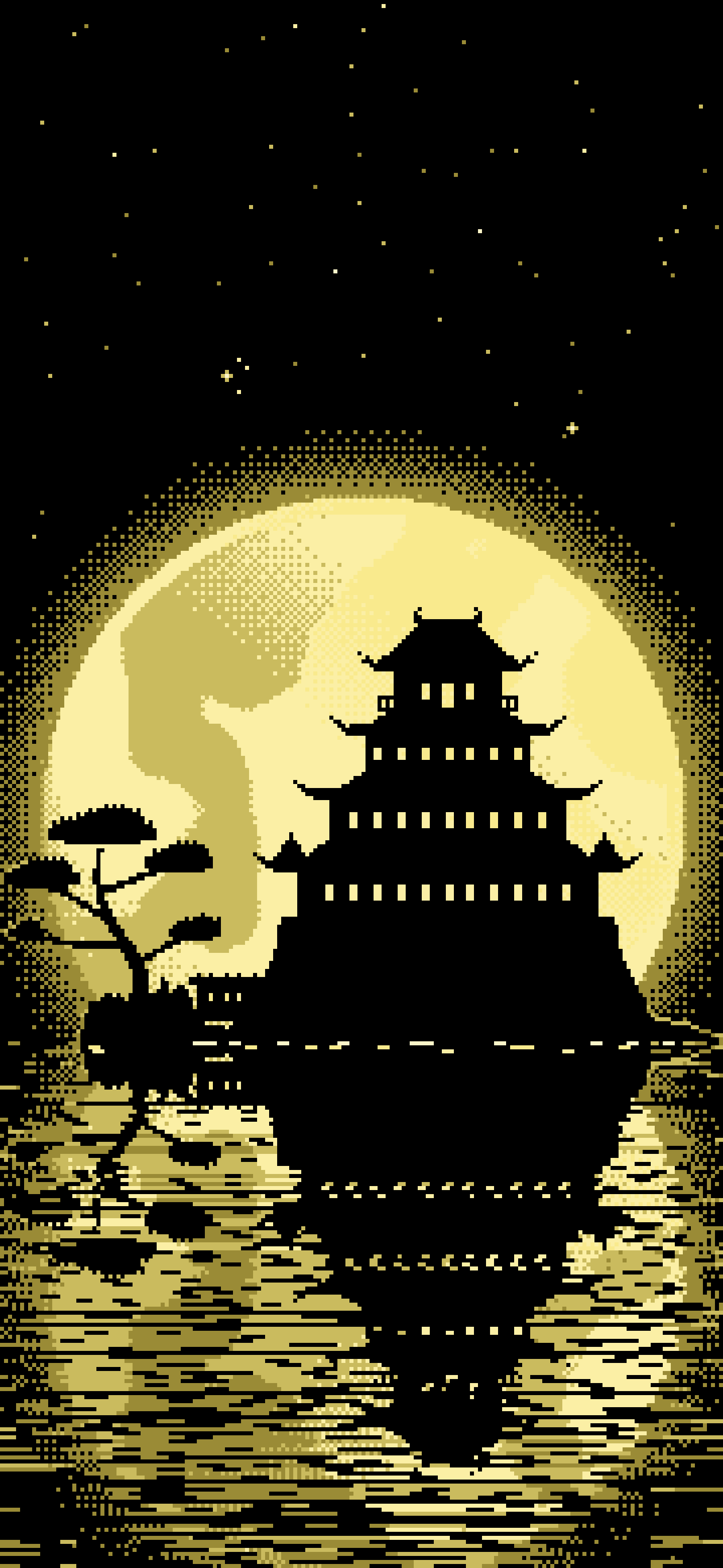 Pastel Yellow Pixel Art Japanese Castle and Full Moon wallpaper for iPhone and Android