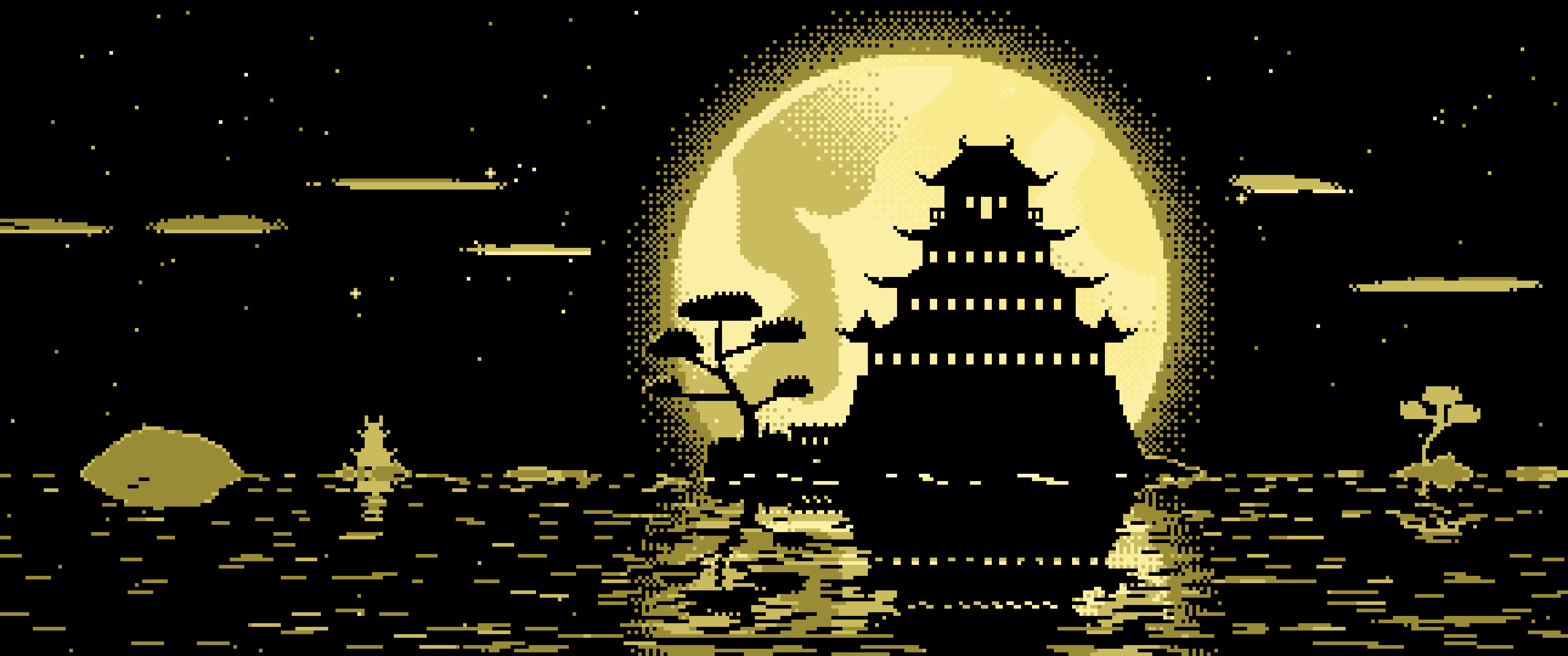 Pastel Yellow Pixel Art Japanese Castle and Full Moon ultrawide wallpaper, 3440 × 1440