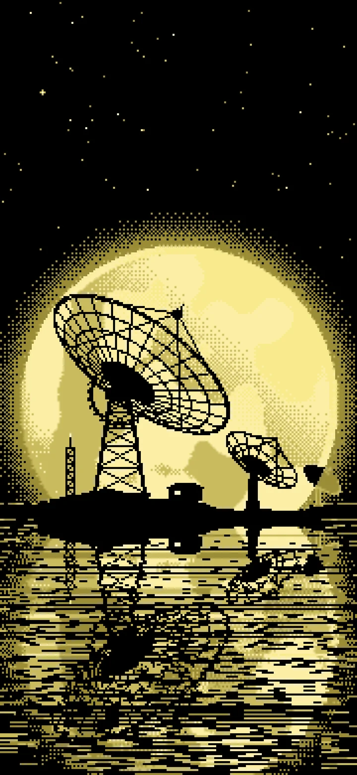 Pastel Yellow Pixel Art Radio Telescope and Full Moon wallpaper for iPhone and Android