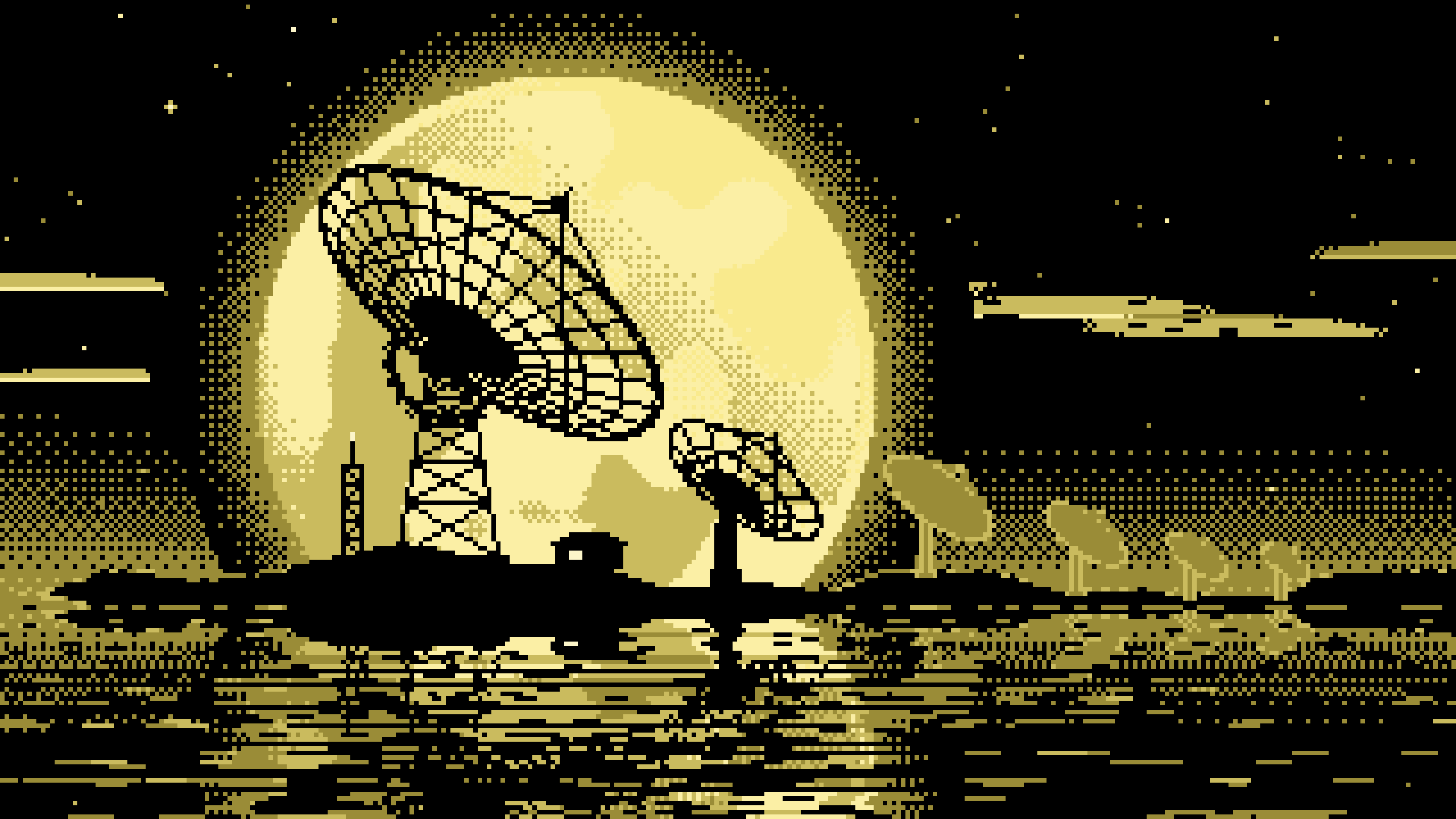Pastel Yellow Pixel Art Radio Telescope and Full Moon desktop wallpaper in 4K