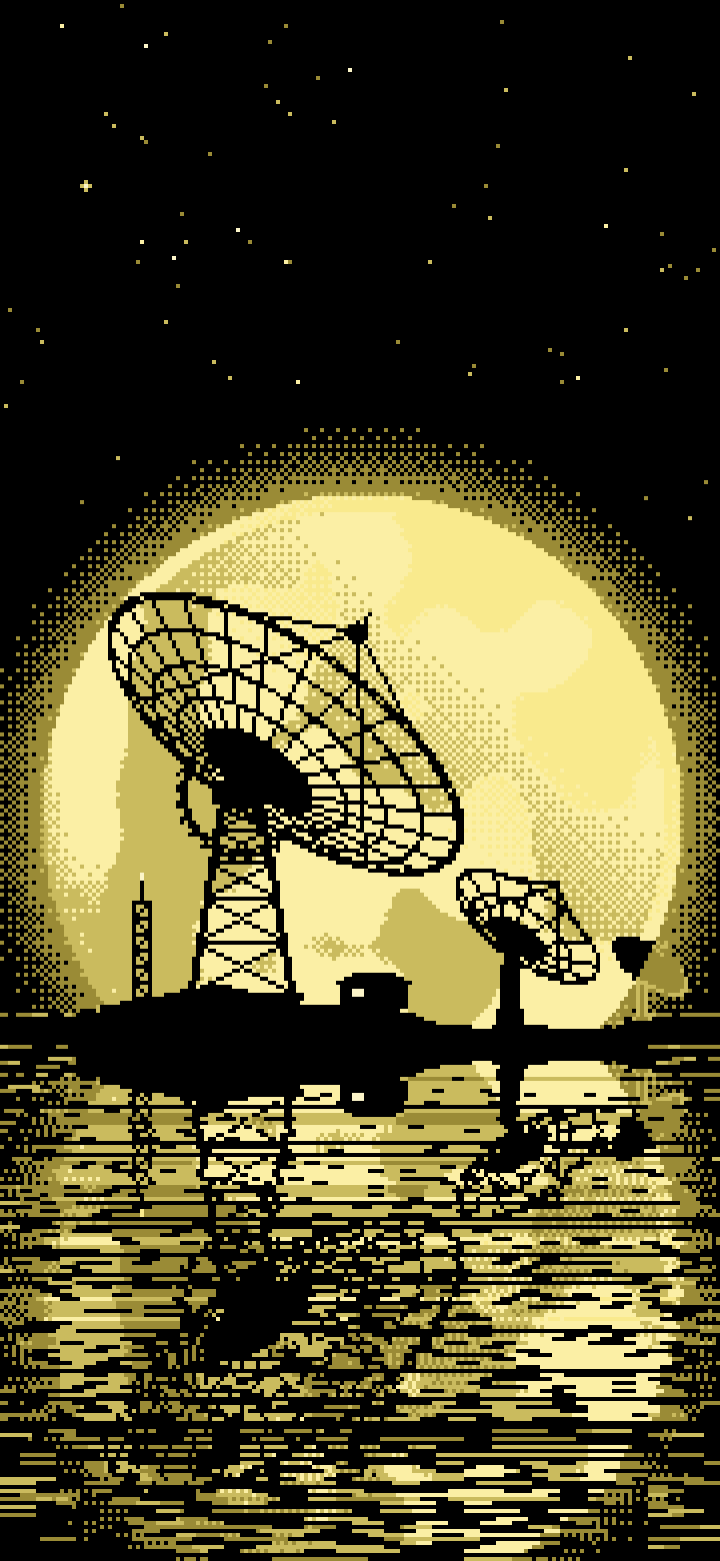 Pastel Yellow Pixel Art Radio Telescope and Full Moon wallpaper for iPhone and Android