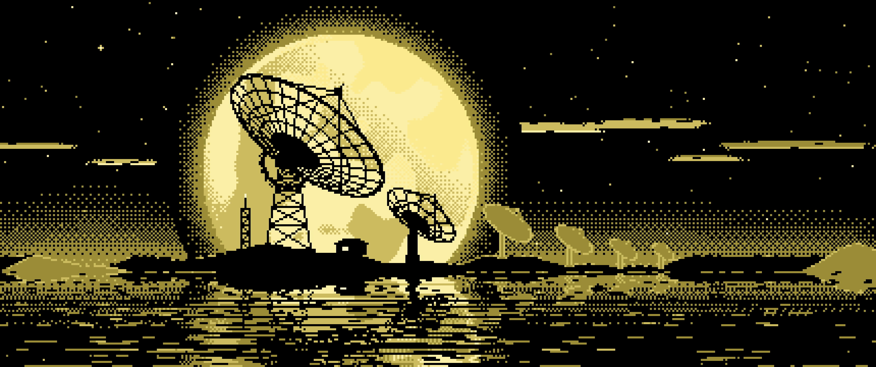 Pastel Yellow Pixel Art Radio Telescope and Full Moon ultrawide wallpaper, 3440 × 1440