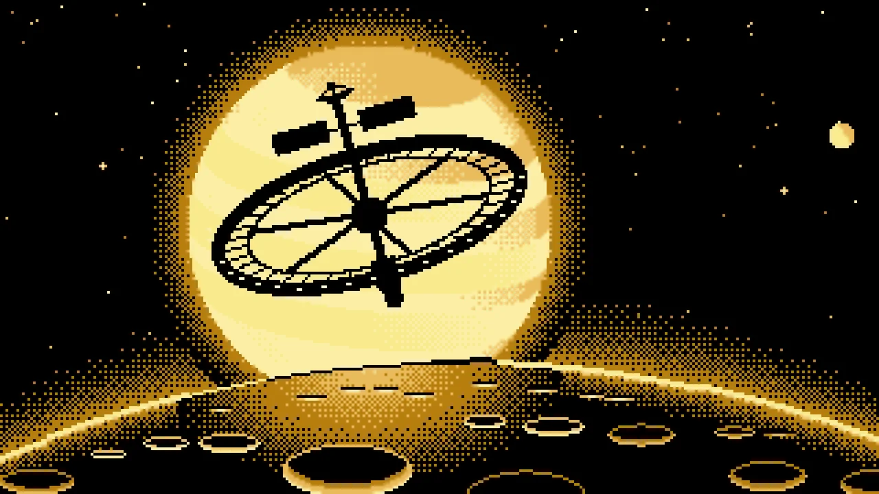 Pastel Yellow Pixel Art Ring Space Station and Planet desktop wallpaper in 4K