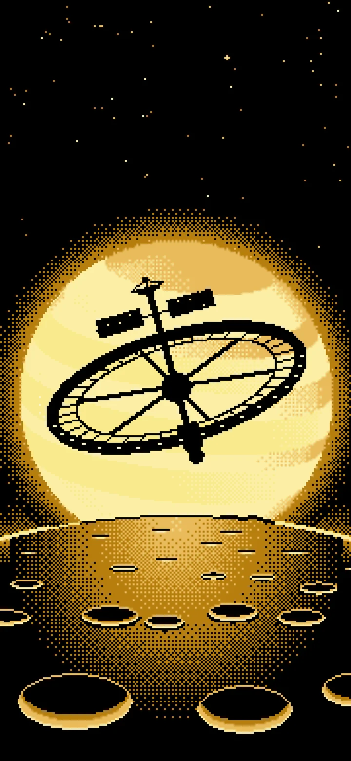 Pastel Yellow Pixel Art Ring Space Station and Planet wallpaper for iPhone and Android