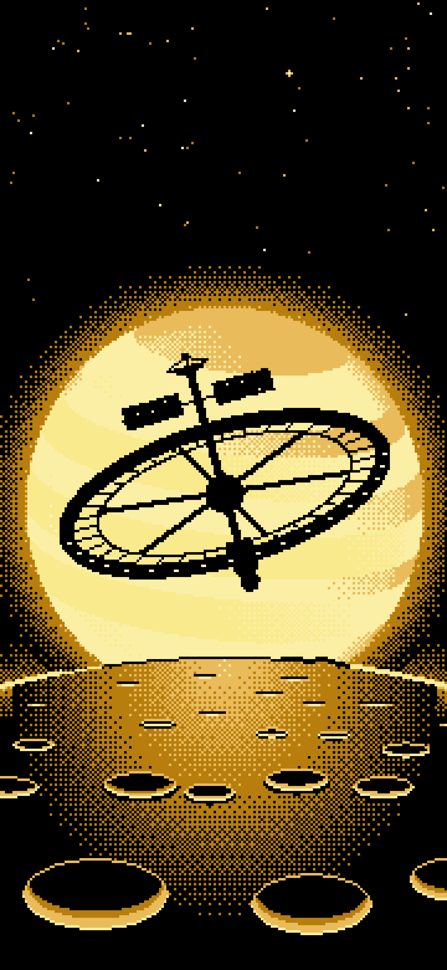 Pastel Yellow Pixel Art Ring Space Station and Planet wallpaper for iPhone and Android