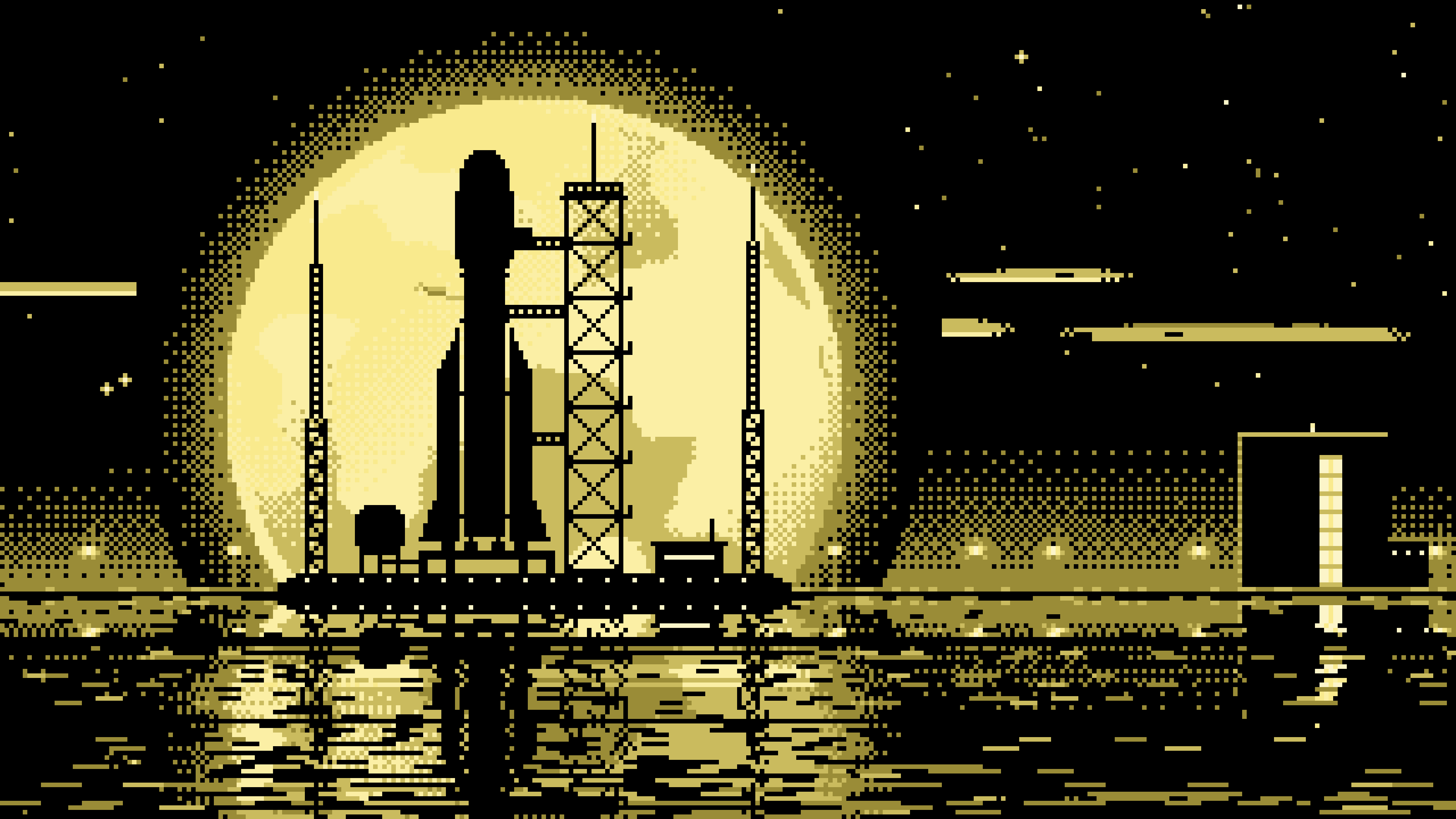 Pastel Yellow Pixel Art Rocket and Full Moon desktop wallpaper in 4K