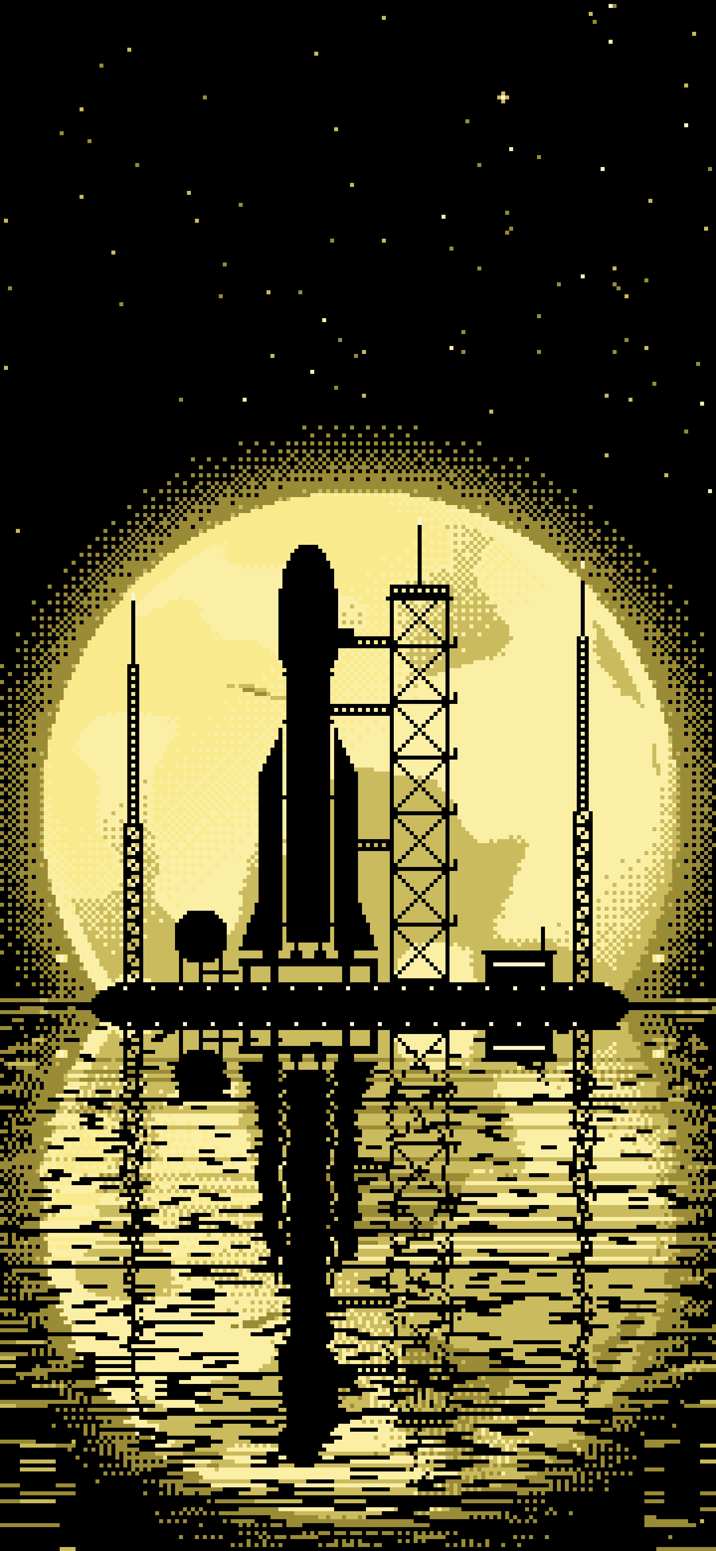 Pastel Yellow Pixel Art Rocket and Full Moon wallpaper for iPhone and Android