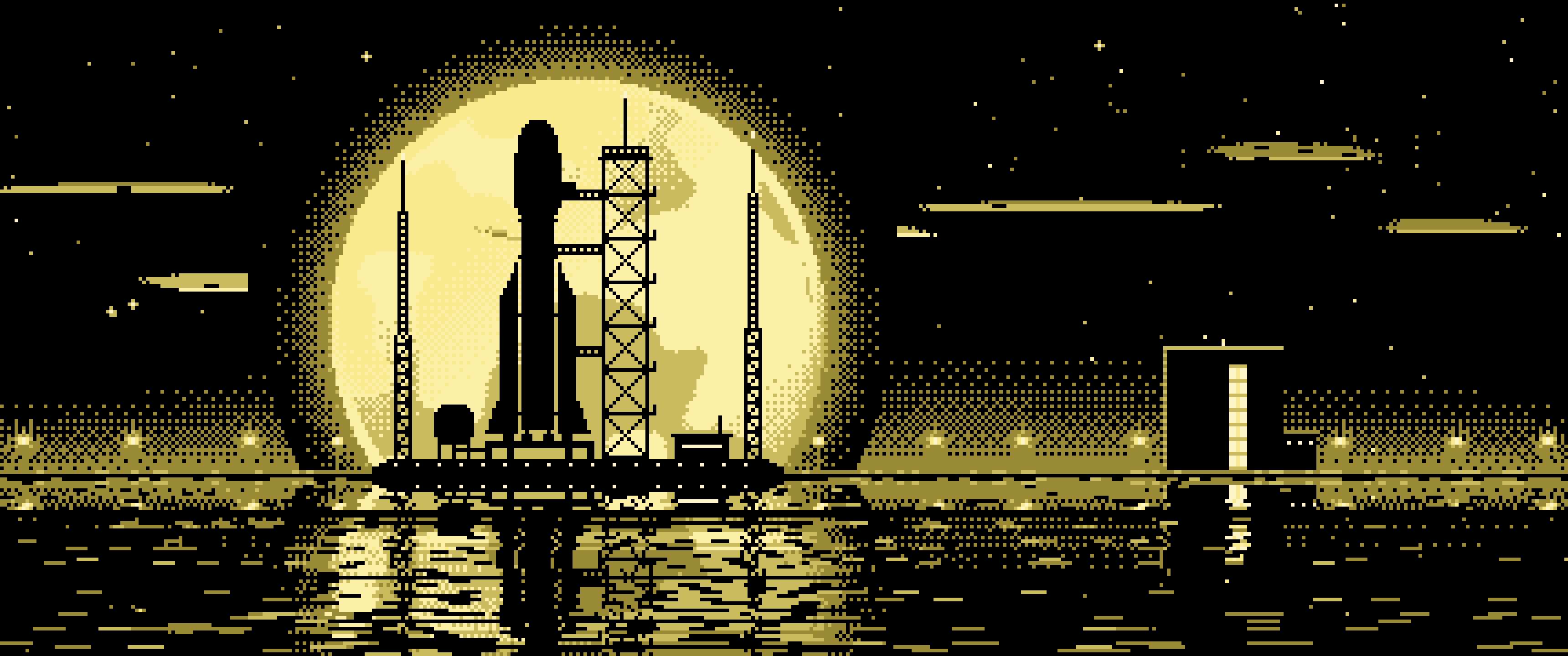 Pastel Yellow Pixel Art Rocket and Full Moon ultrawide wallpaper, 3440 × 1440