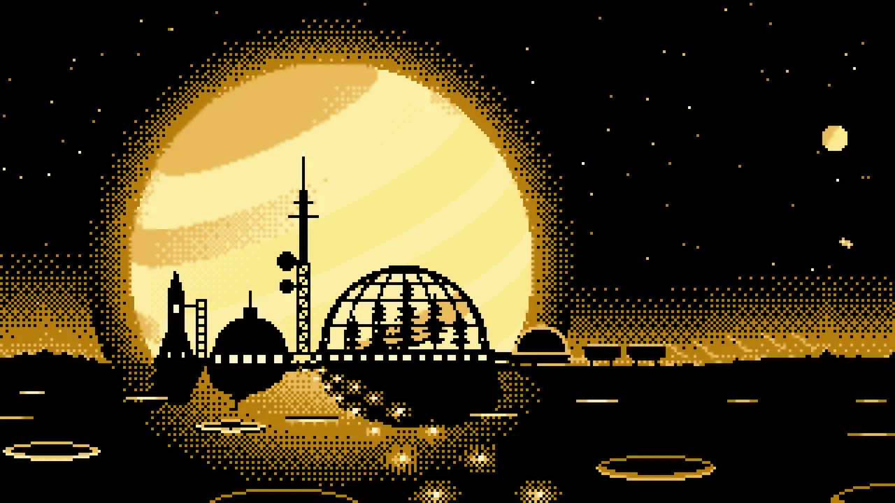 Pastel Yellow Pixel Art Space Colony and Planet desktop wallpaper in 4K