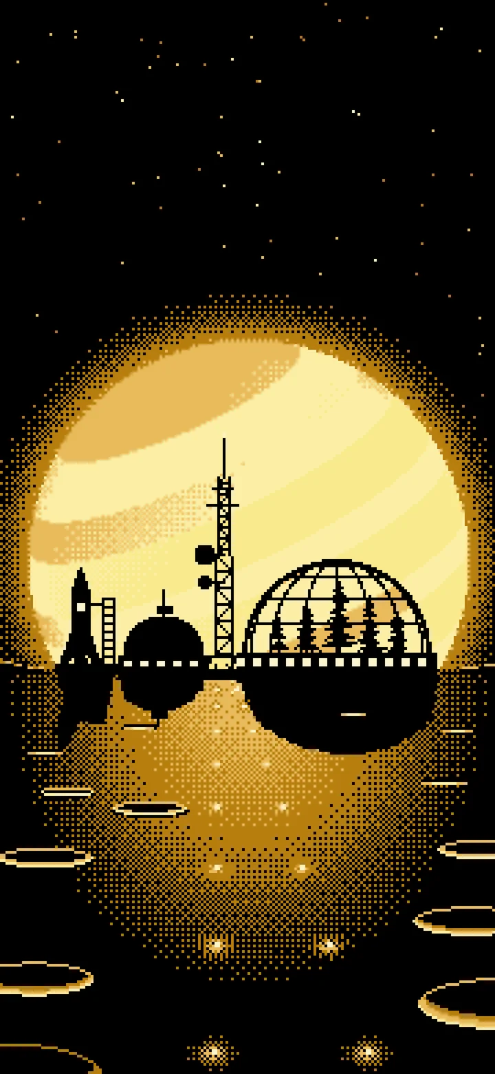 Pastel Yellow Pixel Art Space Colony and Planet wallpaper for iPhone and Android
