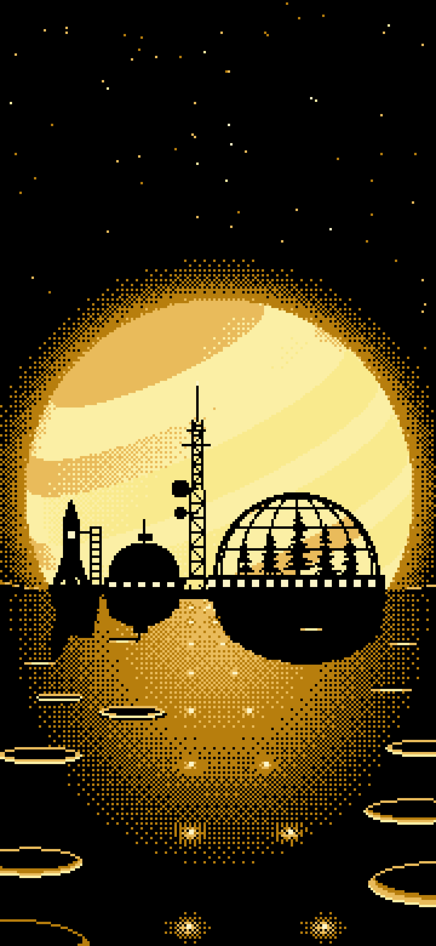 Pastel Yellow Pixel Art Space Colony and Planet wallpaper for iPhone and Android