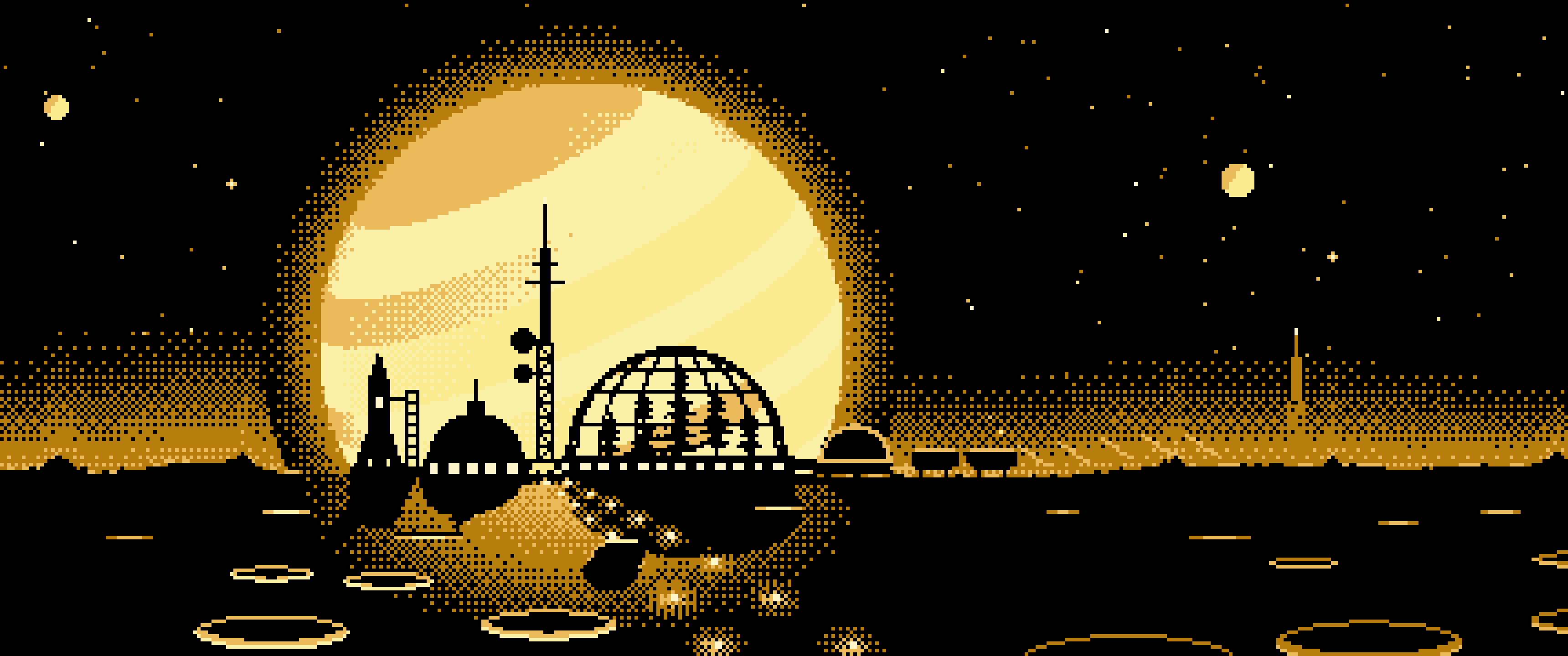 Pastel Yellow Pixel Art Space Colony and Planet ultrawide wallpaper, 3440 × 1440