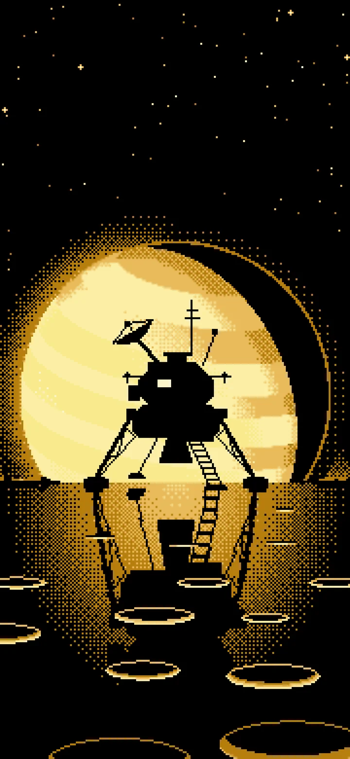 Pastel Yellow Pixel Art Space Lander and Planet wallpaper for iPhone and Android