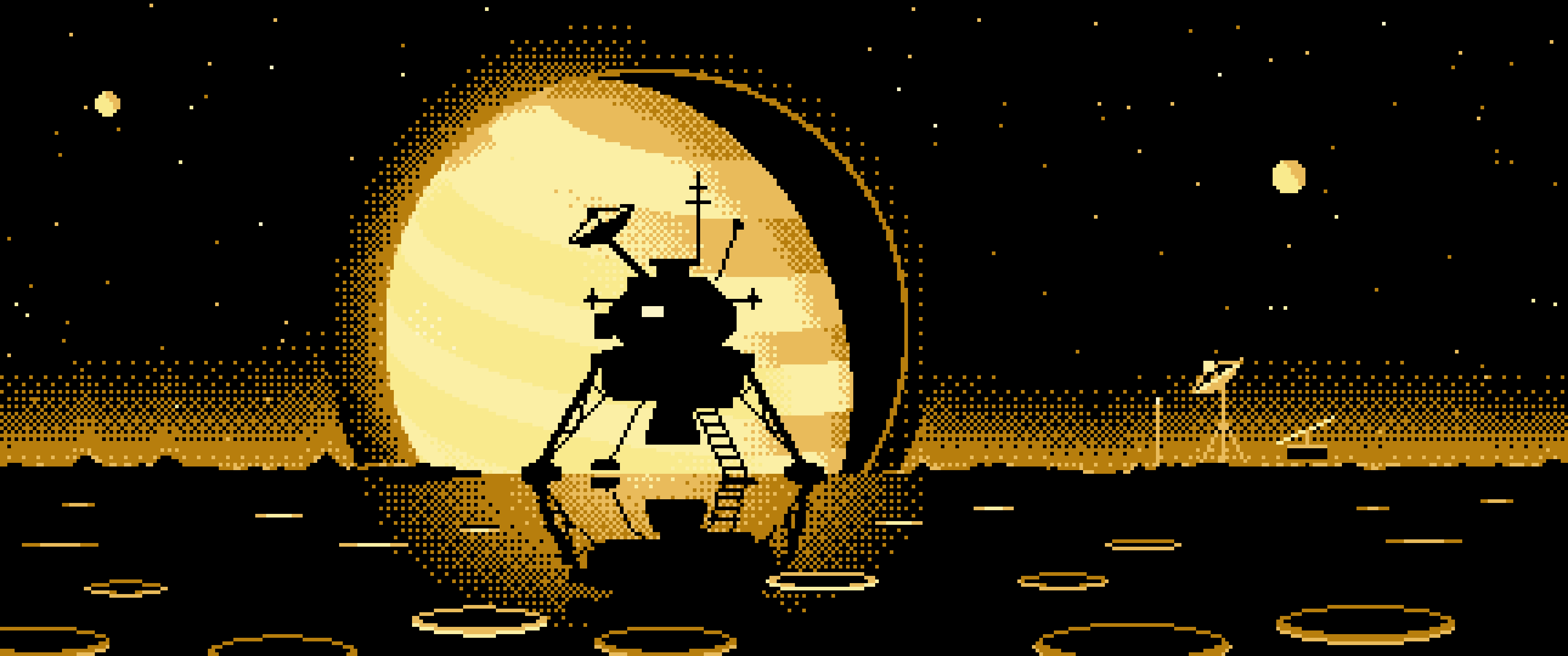 Pastel Yellow Pixel Art Space Lander and Planet ultrawide wallpaper, 3440 × 1440