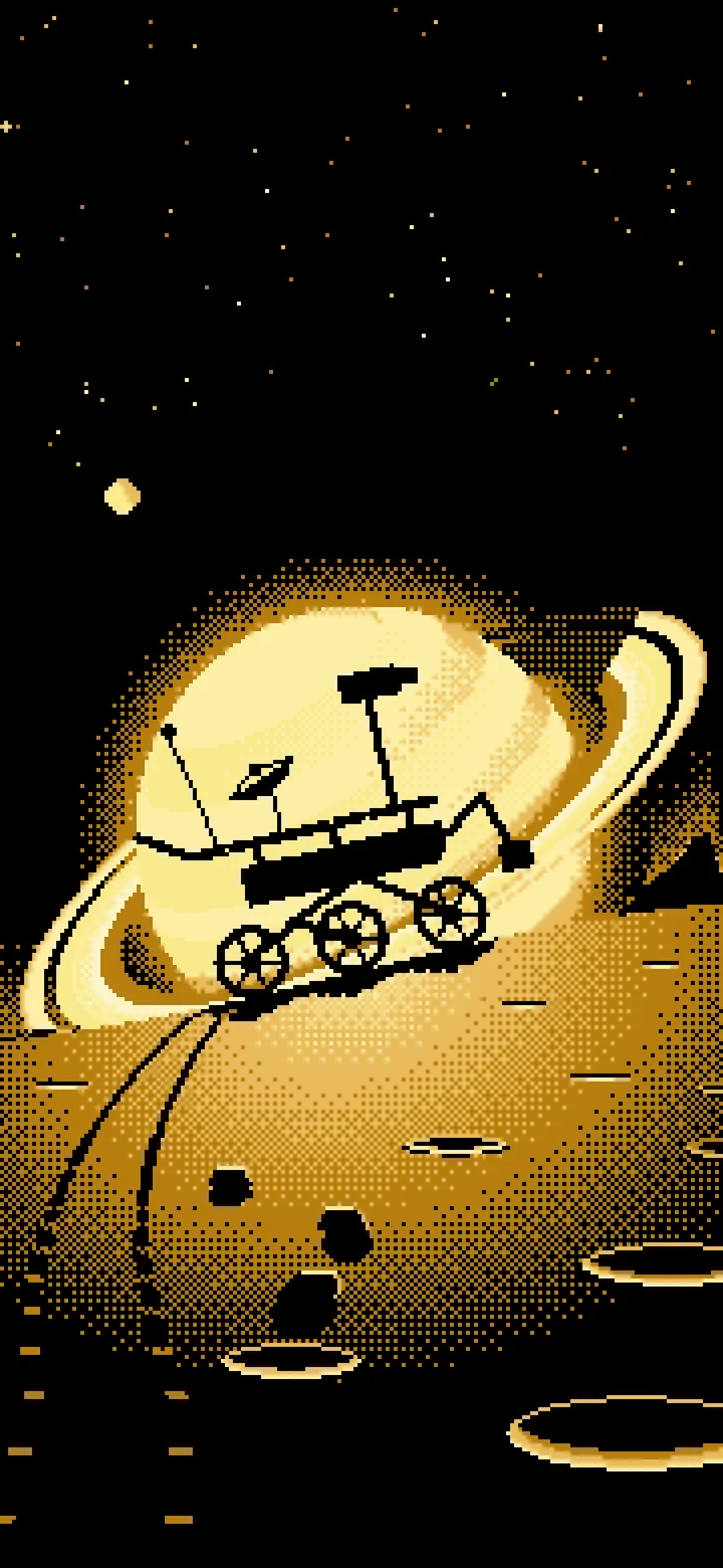 Pastel Yellow Pixel Art Space Rover and Ringed Planet wallpaper for iPhone and Android