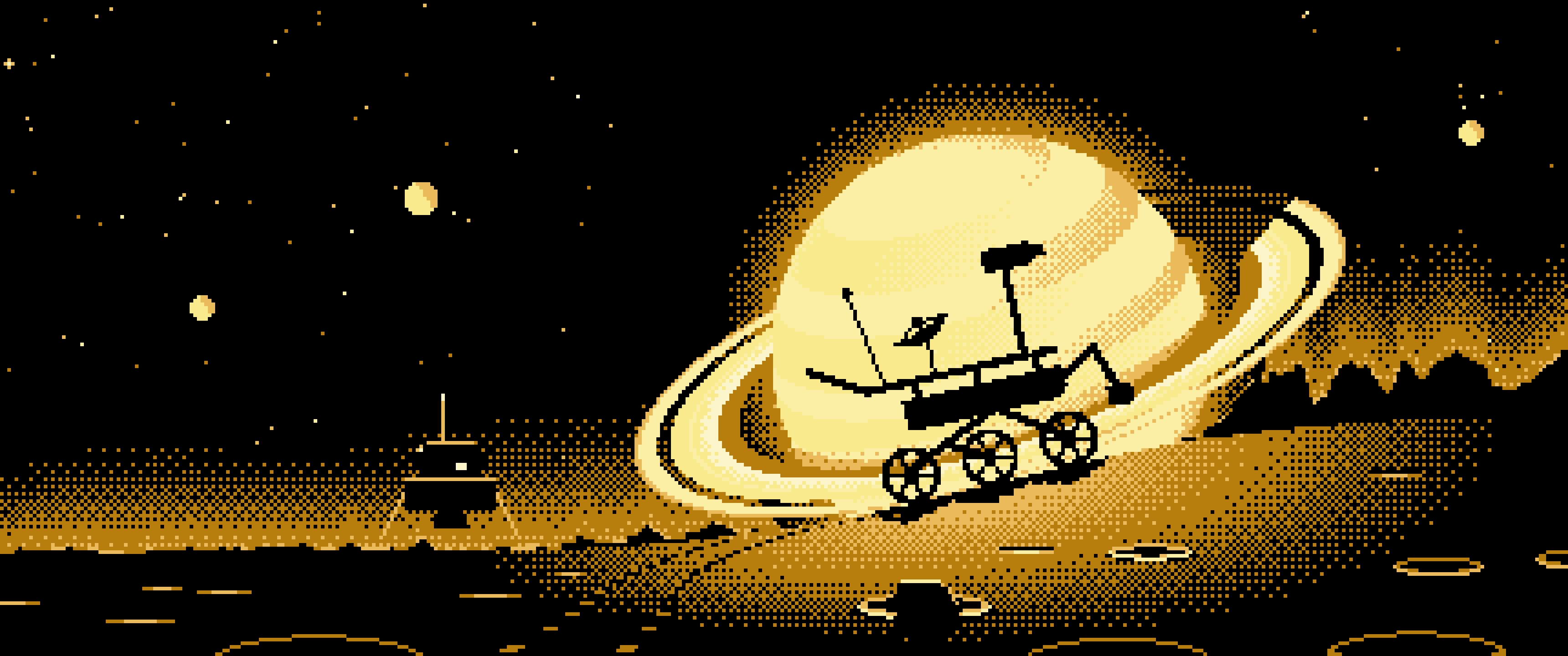 Pastel Yellow Pixel Art Space Rover and Ringed Planet ultrawide wallpaper, 3440 × 1440