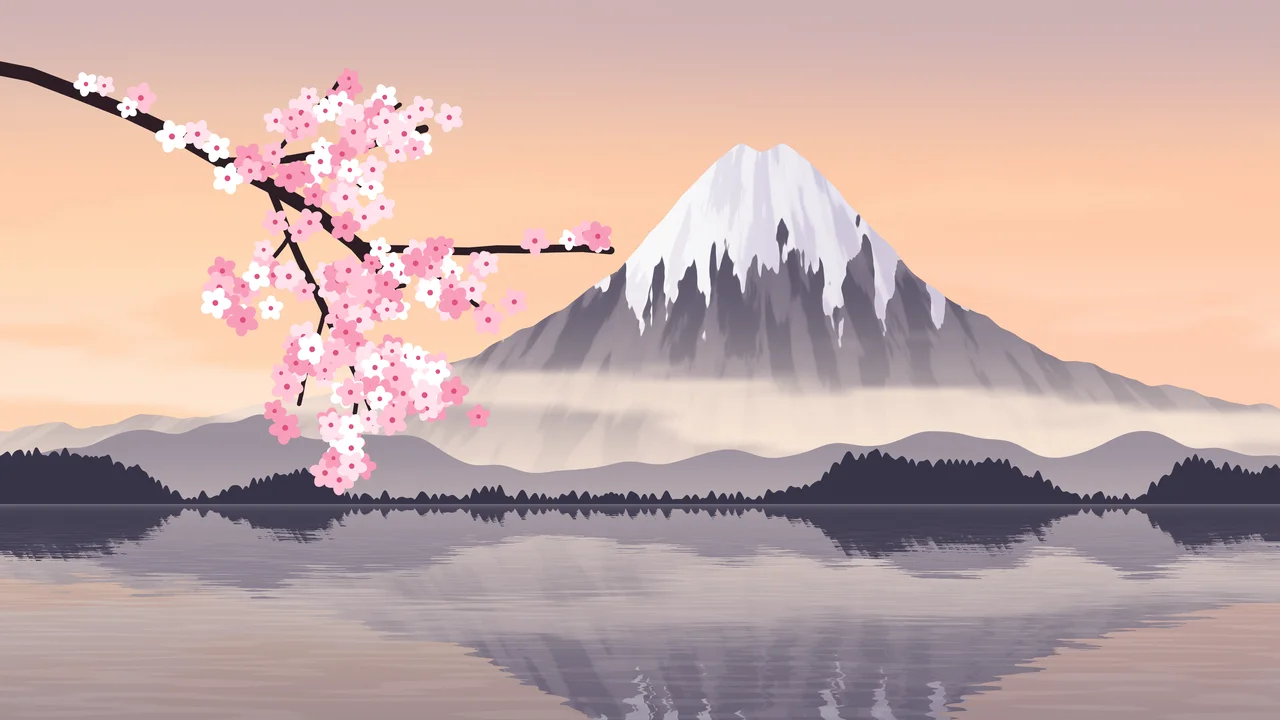 Peach Japanese Mountain and Cherry Blossom desktop wallpaper in 4K