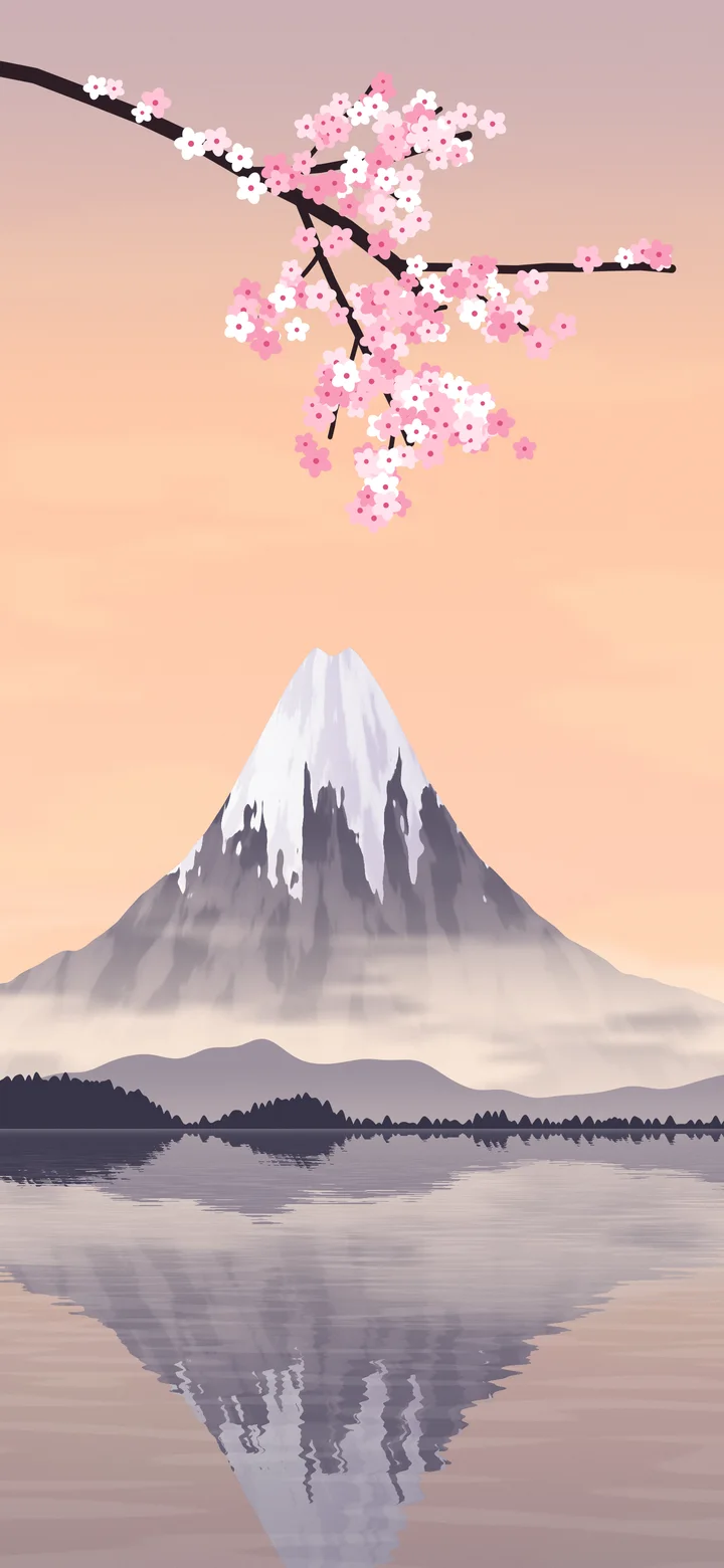 Peach Japanese Mountain and Cherry Blossom wallpaper for iPhone and Android