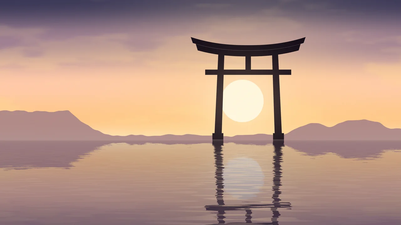 Peach Japanese Torii Gate Sunset desktop wallpaper in 4K