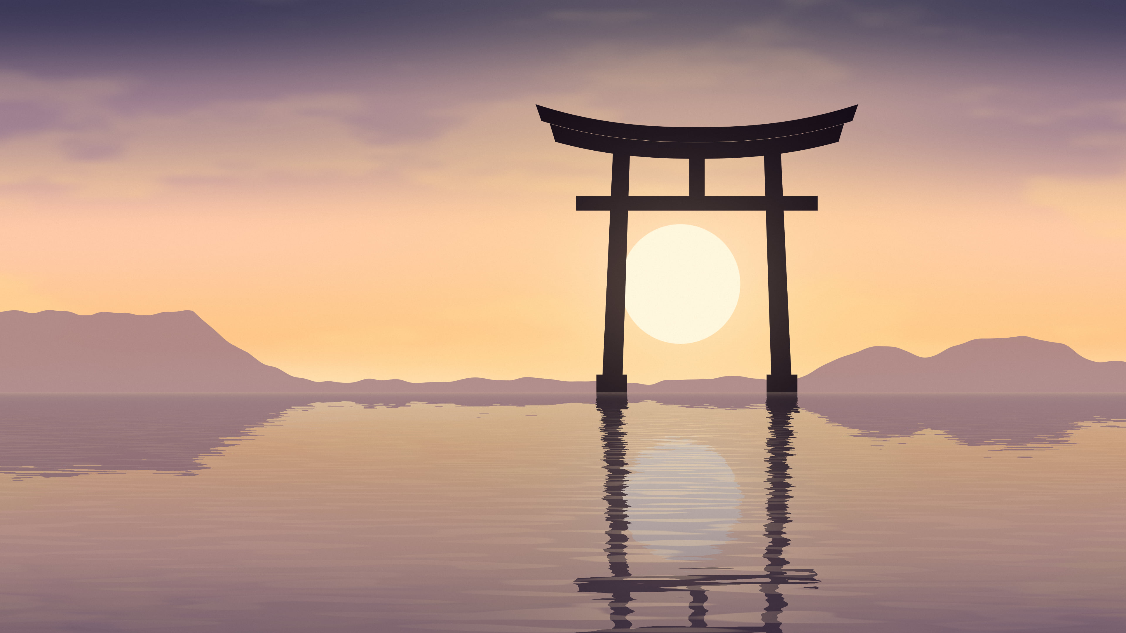 Peach Japanese Torii Gate Sunset desktop wallpaper in 4K