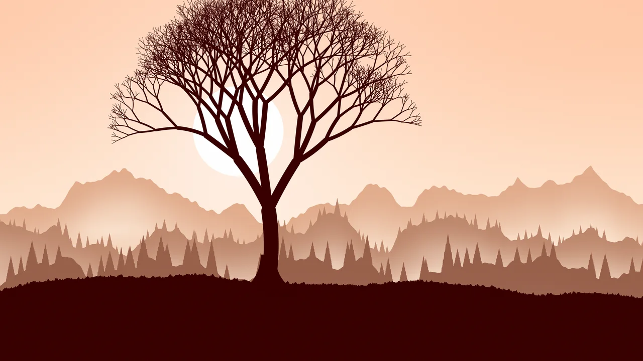 Peach Lone Tree in Fog desktop wallpaper in 4K