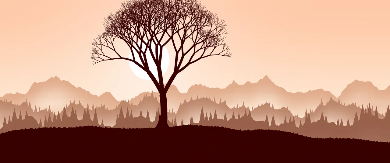 Peach Lone Tree in Fog ultrawide wallpaper, 3440 × 1440