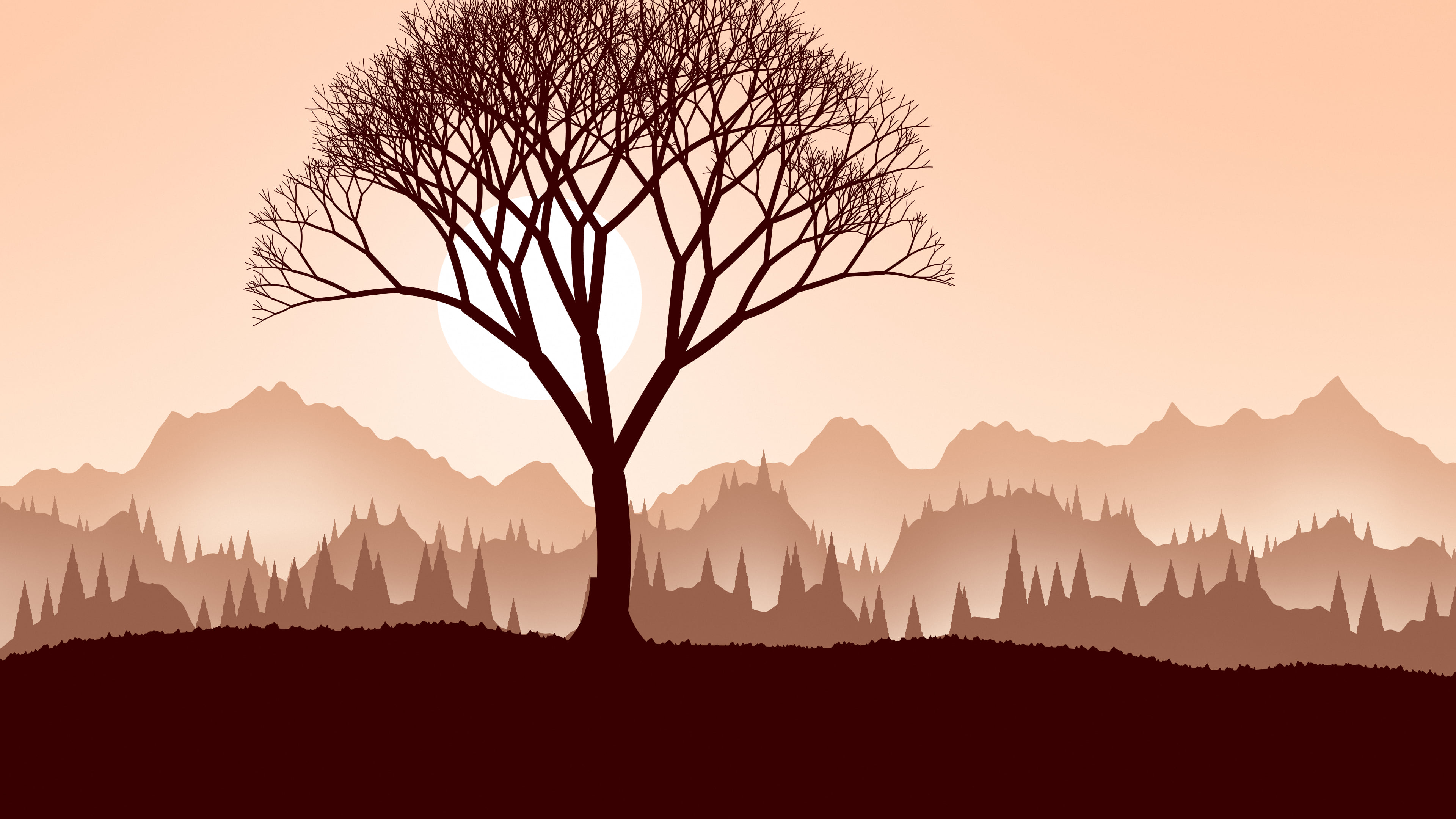 Peach Lone Tree in Fog desktop wallpaper in 4K